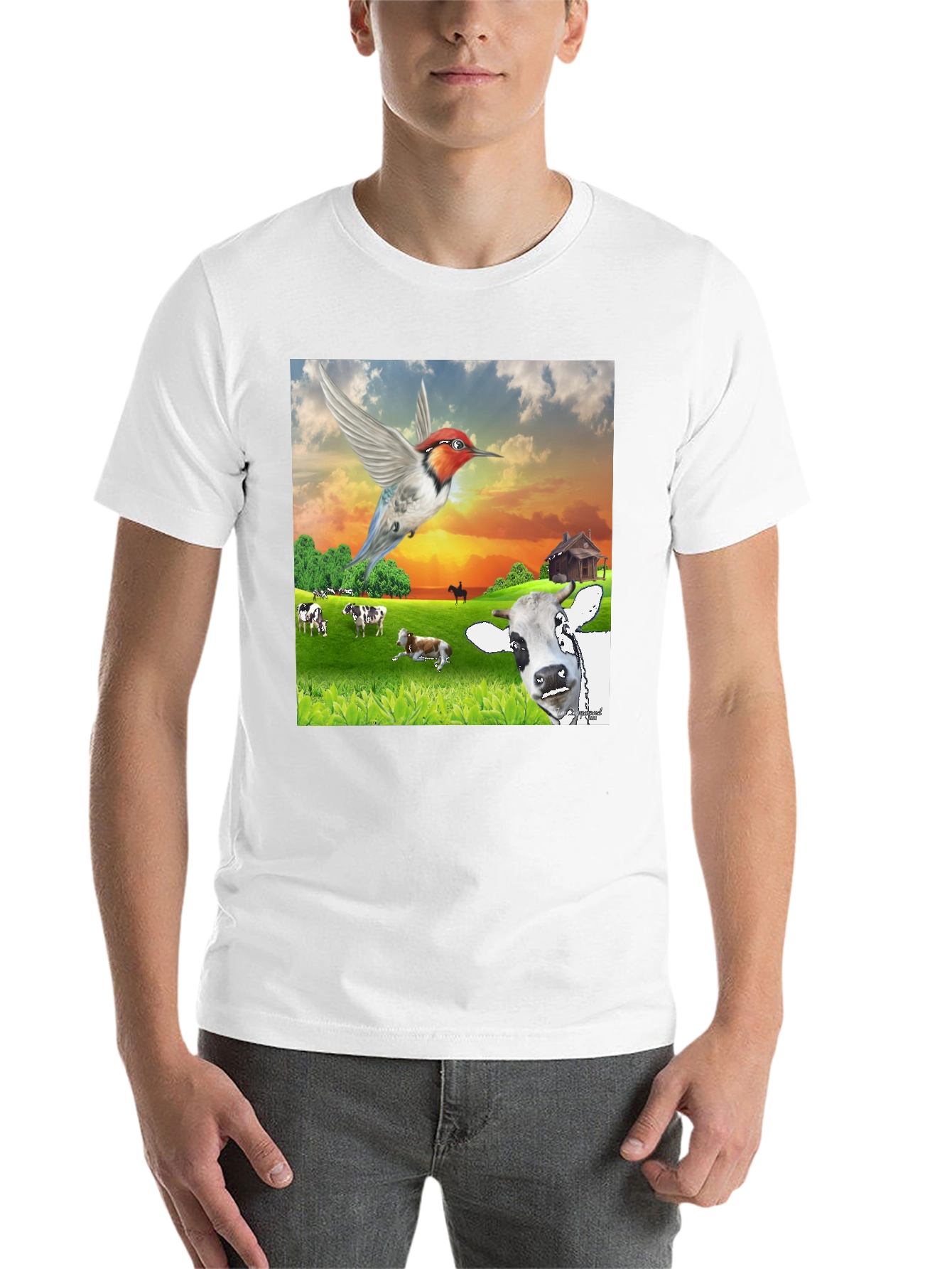 Black Hummingbird & Cow Farm T-Shirt - Unique Animal Design view 14