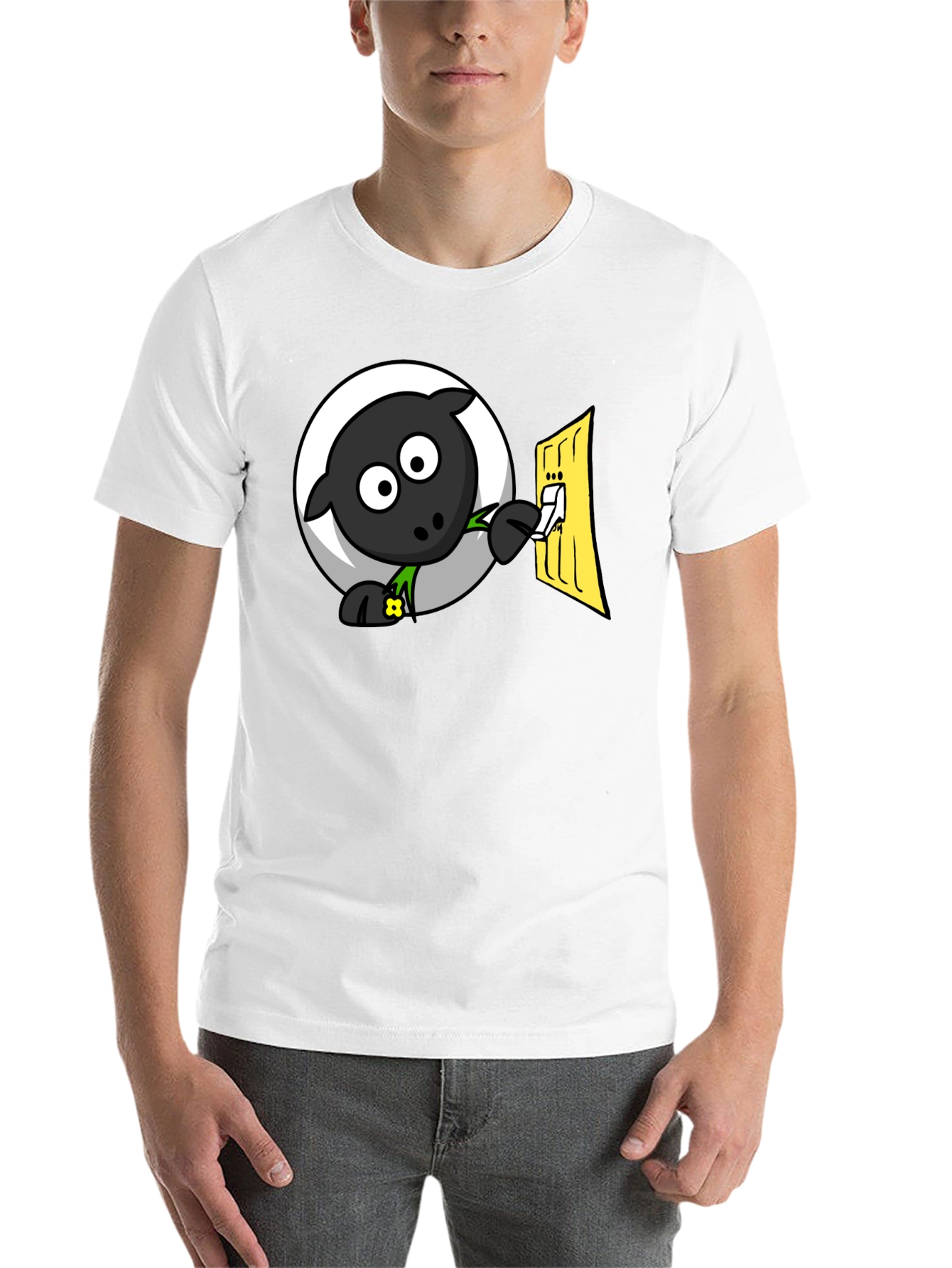 Black Funny Cartoon Sheep Turning on Light T-Shirt view 14