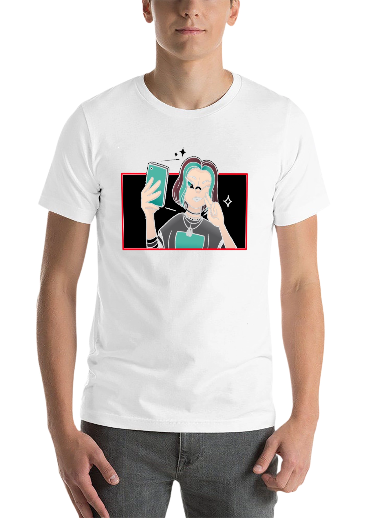 Black Cartoon Selfie Graphic Tee - Black Cotton Blend view 14