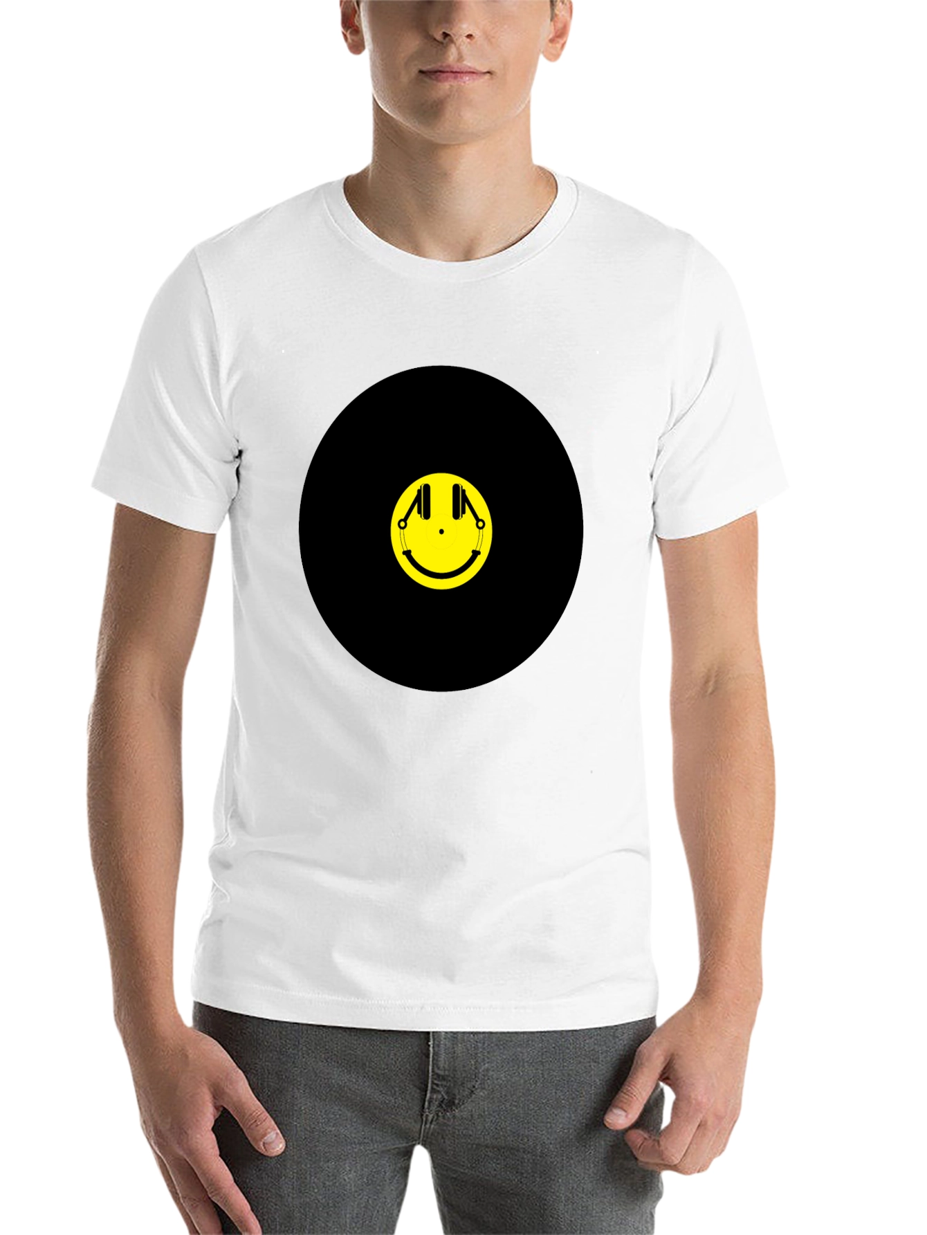 Black Smiley Face Headphones Graphic Tee - Black Cotton T-Shirt view 14