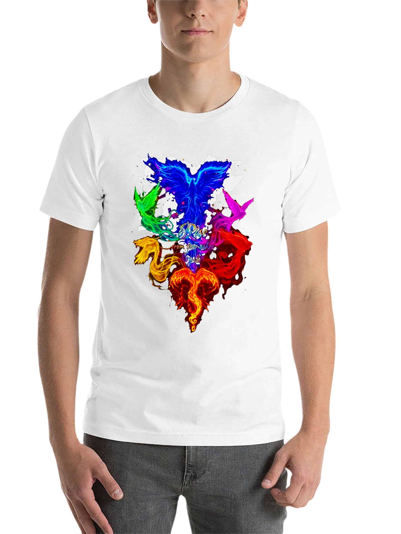 Black Rise from Ashes Phoenix Graphic Tee - Colorful Bird Design view 14