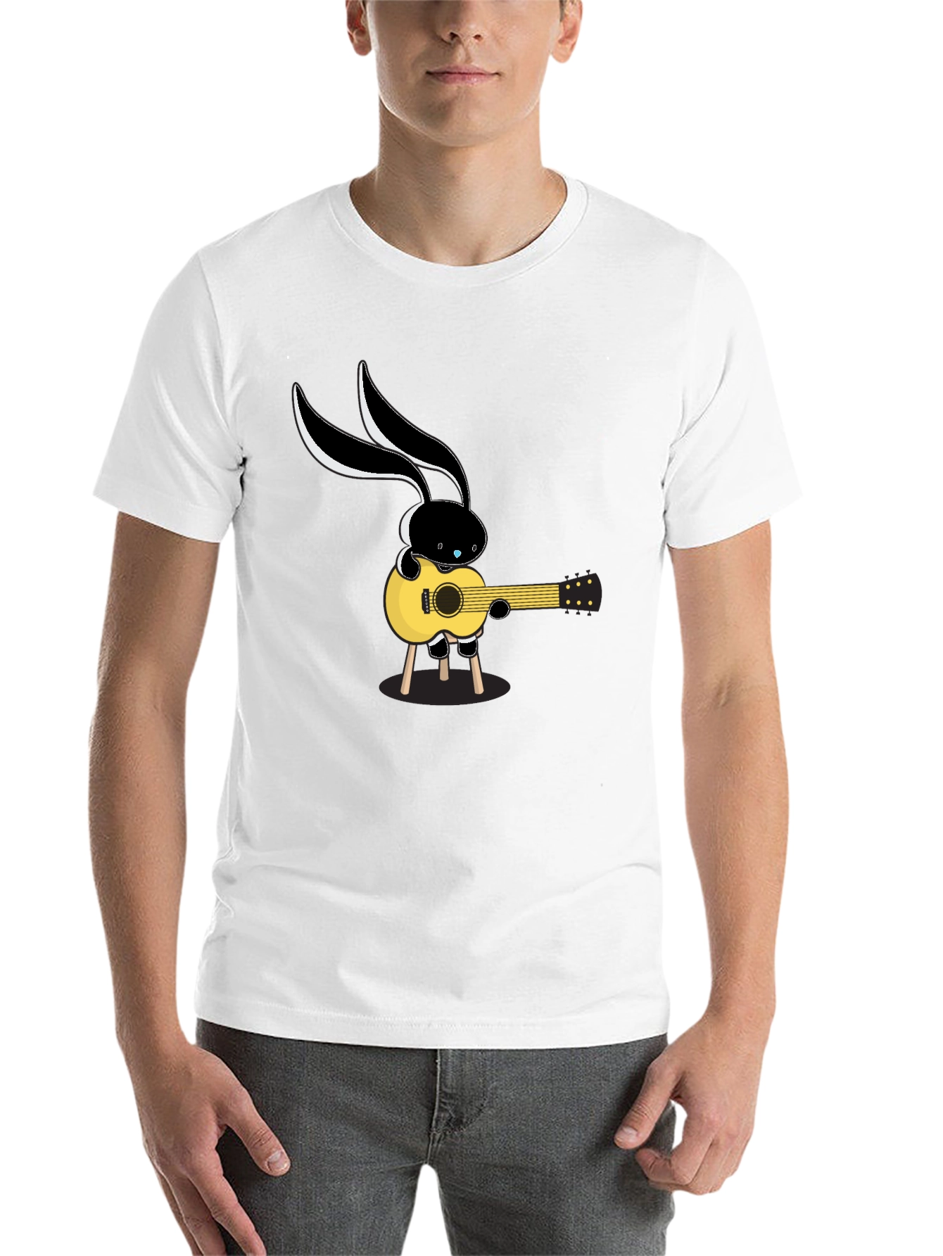 Black Cool Cartoon Bunny Guitarist Black T-Shirt view 14