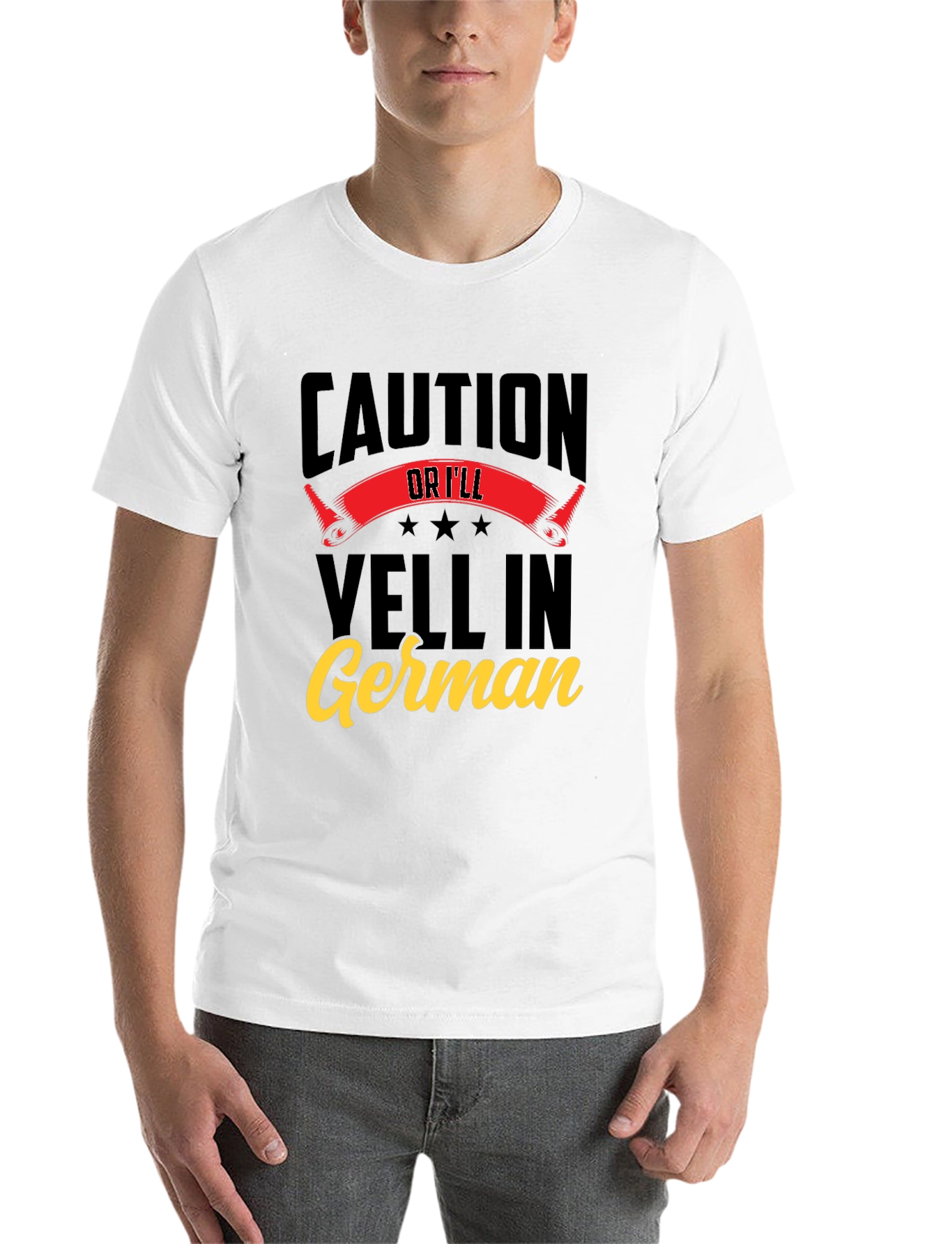 Black Caution Or I'll Yell In German T-Shirt view 14