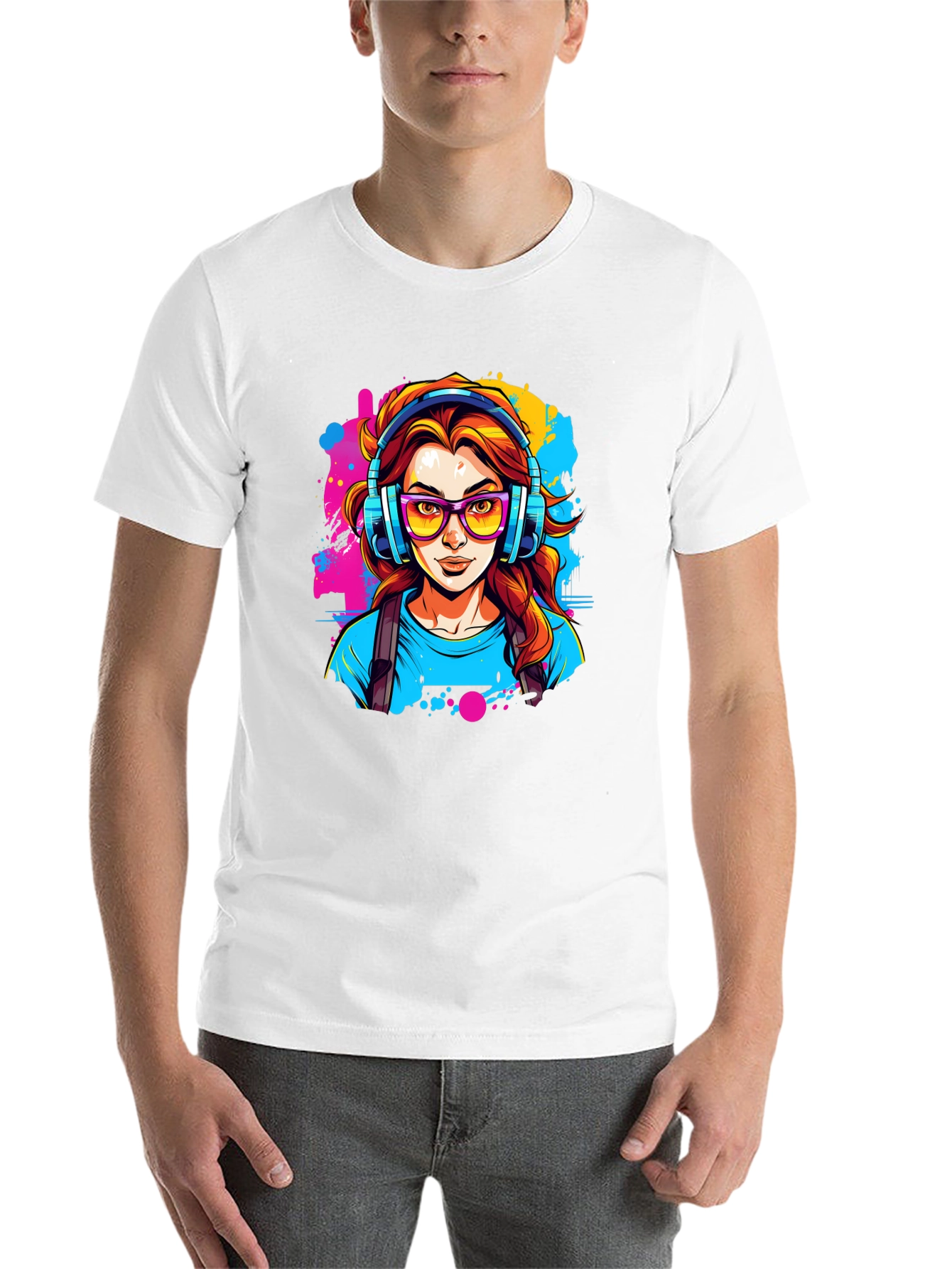 Black Graphic Print T-Shirt - Woman with Headphones view 14
