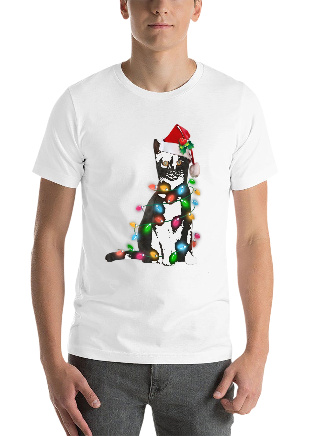 Black Festive Cat Christmas Lights T-Shirt view 14