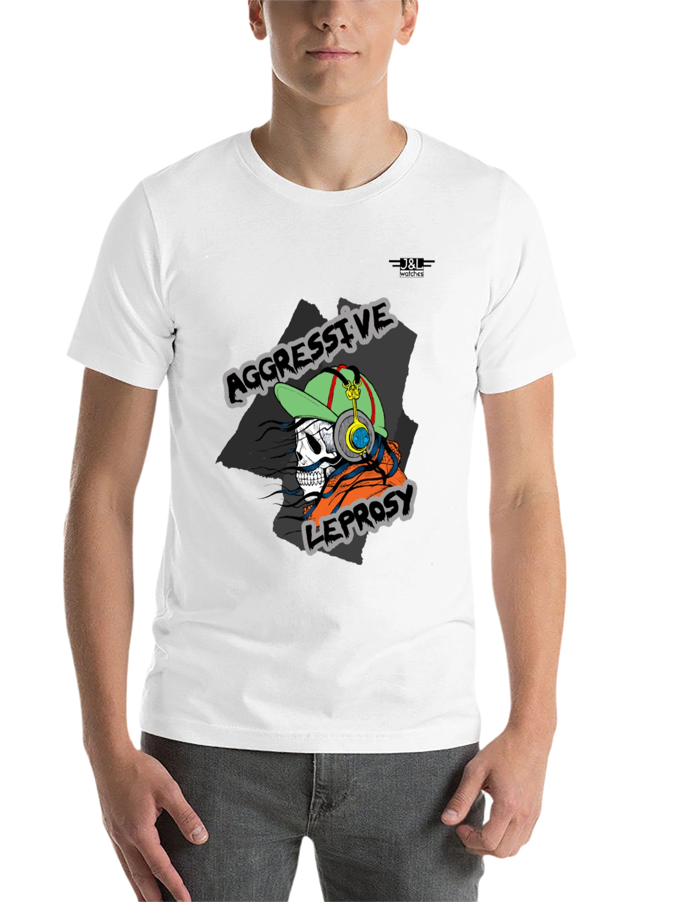 Black Aggressive Leprosy Graphic Tee - Skull with Headphones view 14