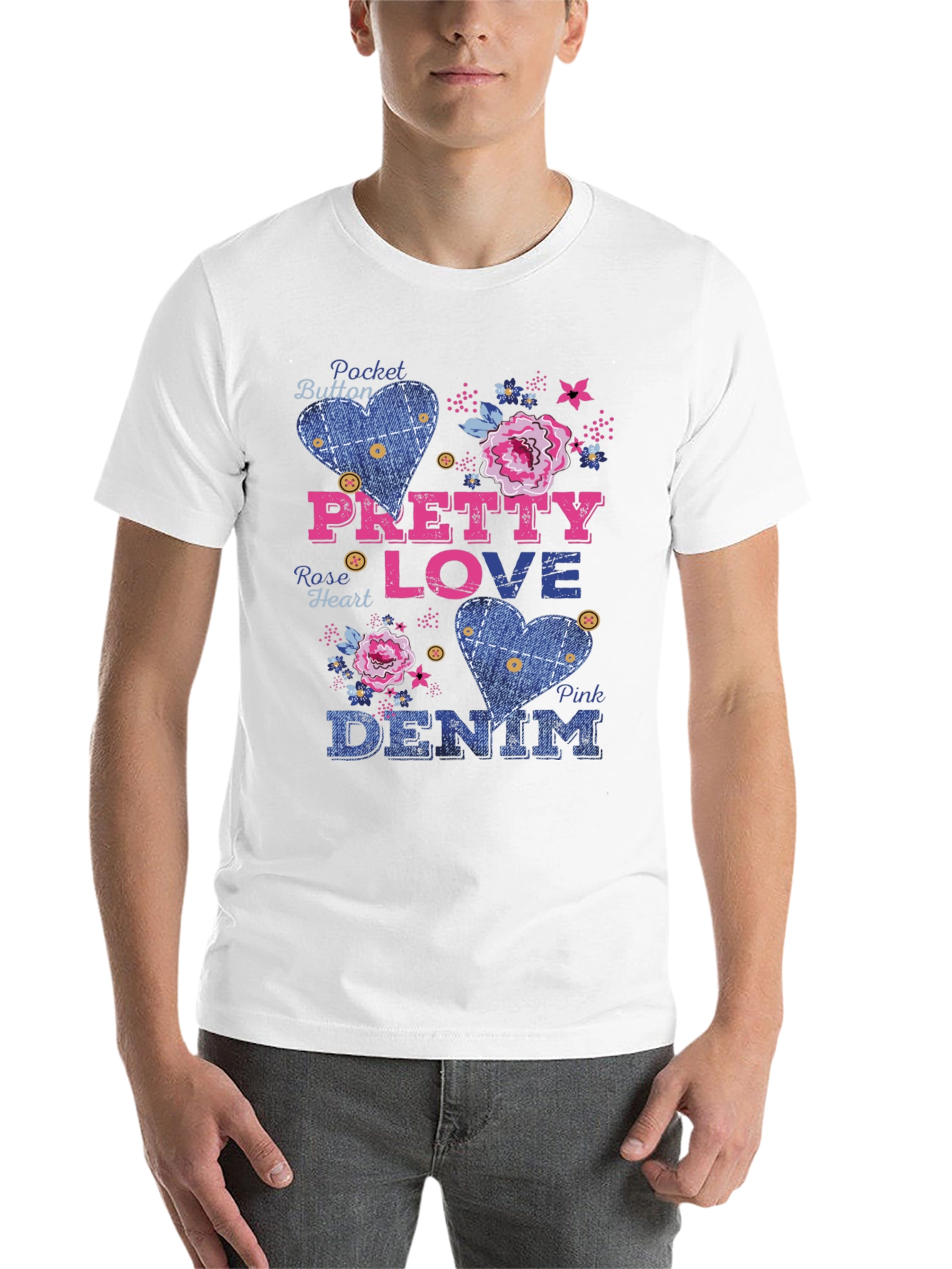 Black Pretty Love Denim Graphic Tee - Pocket Button Design view 14