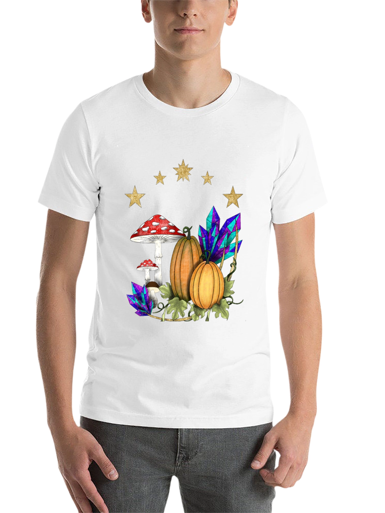 Black Whimsical Harvest T-Shirt: Pumpkins, Mushrooms & Crystals view 14