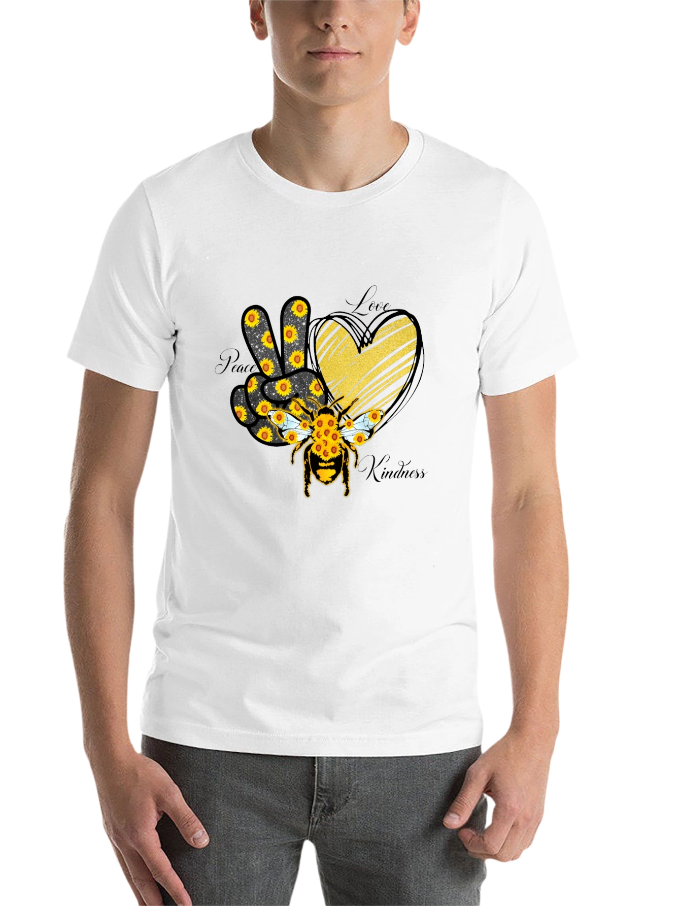 Black Peace Love Kindness Sunflower Bee T-Shirt view 14