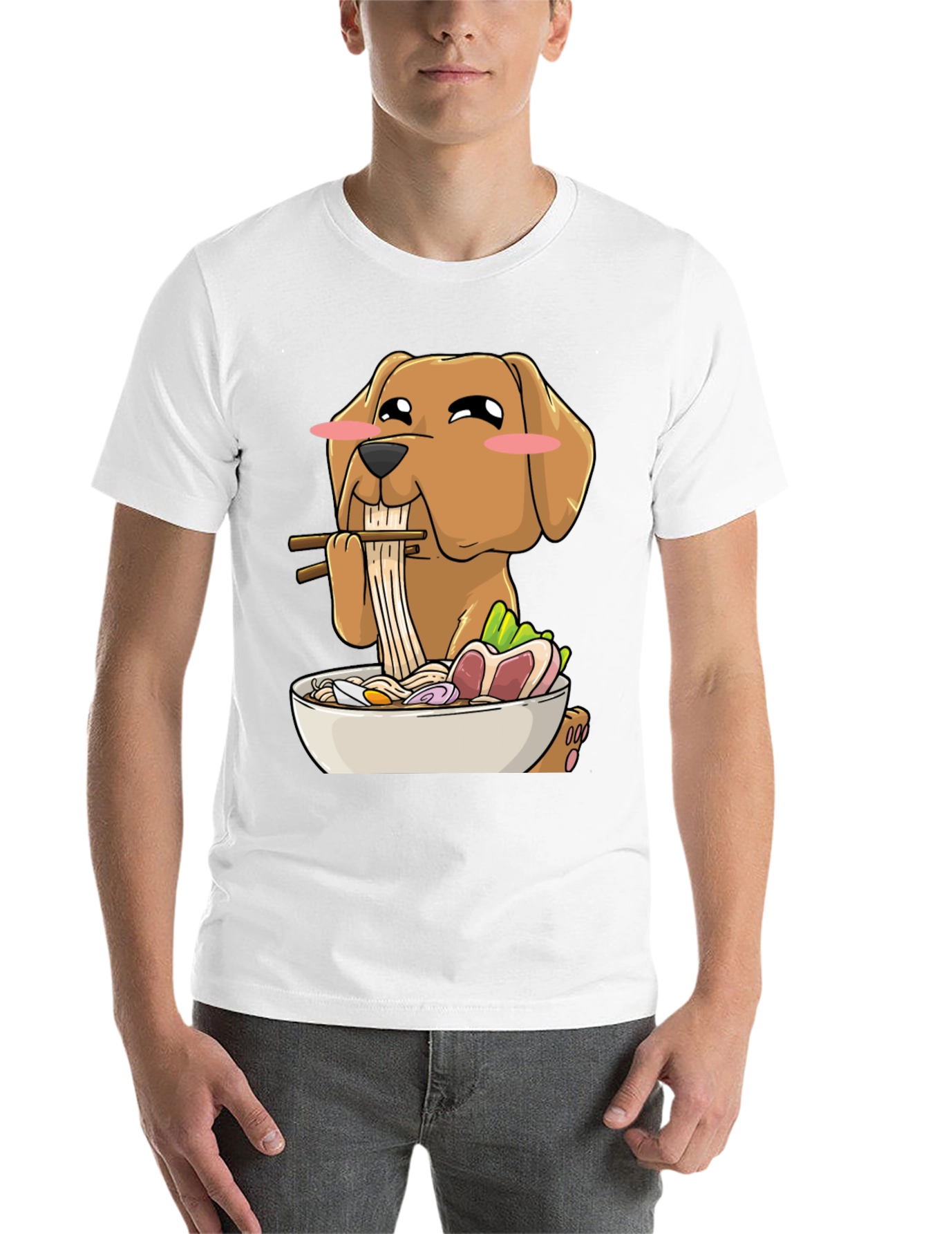 Black Dog Eating Ramen Funny T-Shirt view 14