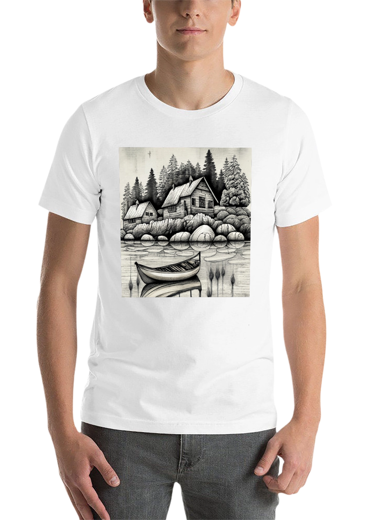 Black Cabin Lake Scene T-Shirt view 14