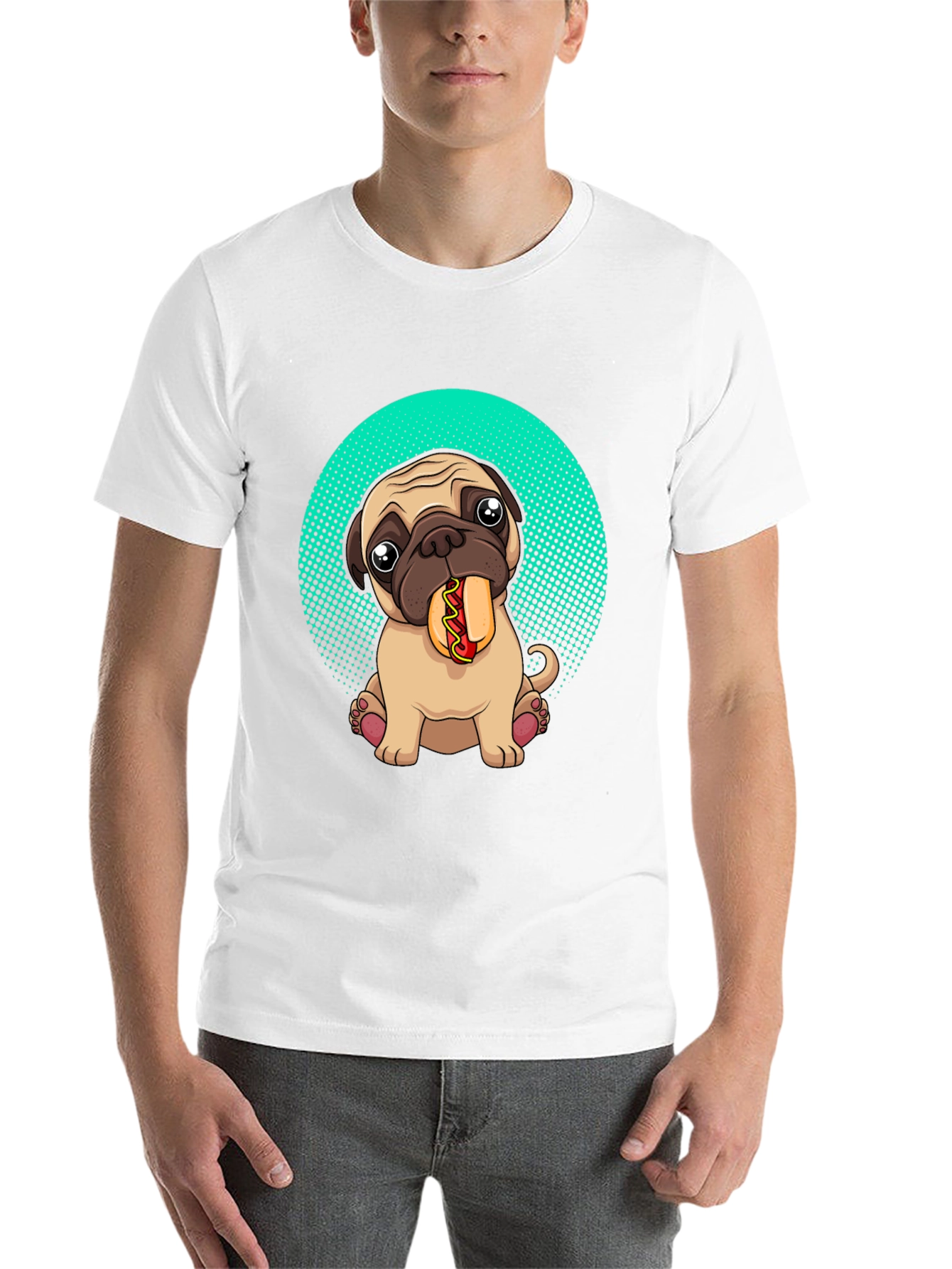 Black Pug Eating Hotdog Graphic T-Shirt - Cute Dog Tee view 14