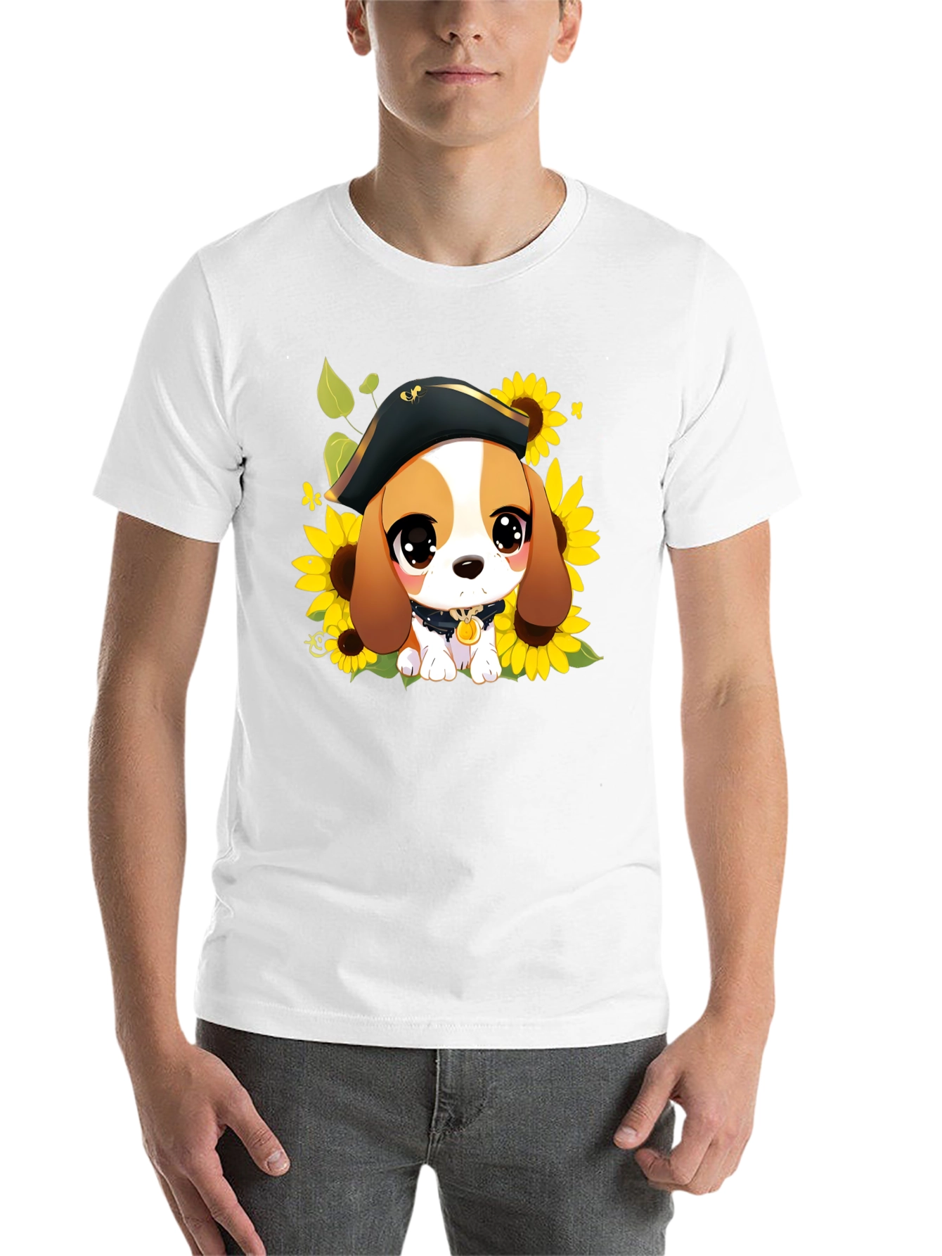 Black Cute Cartoon Beagle in Pirate Hat T-Shirt view 14