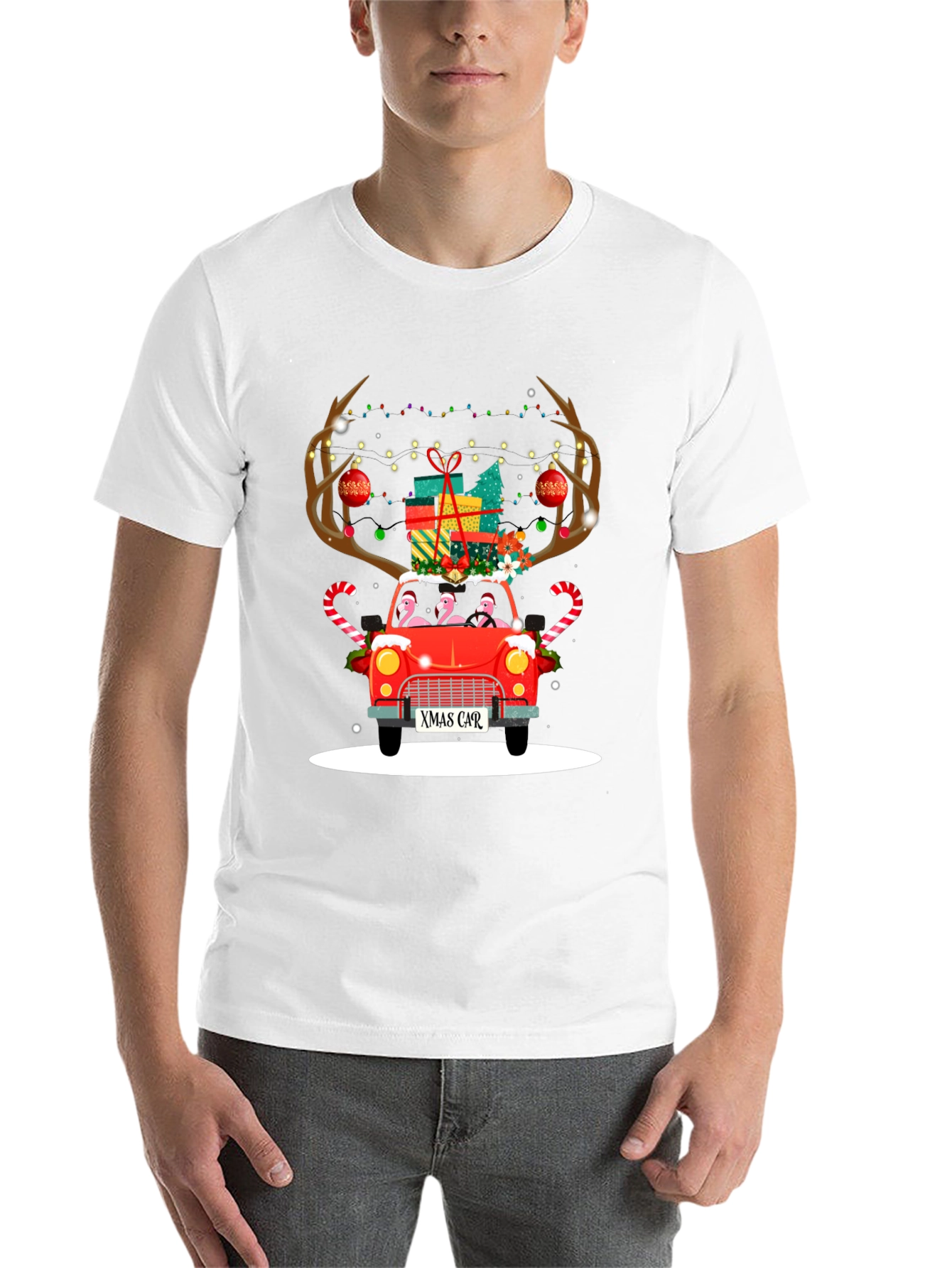 Black Festive Flamingo Xmas Car T-Shirt view 14