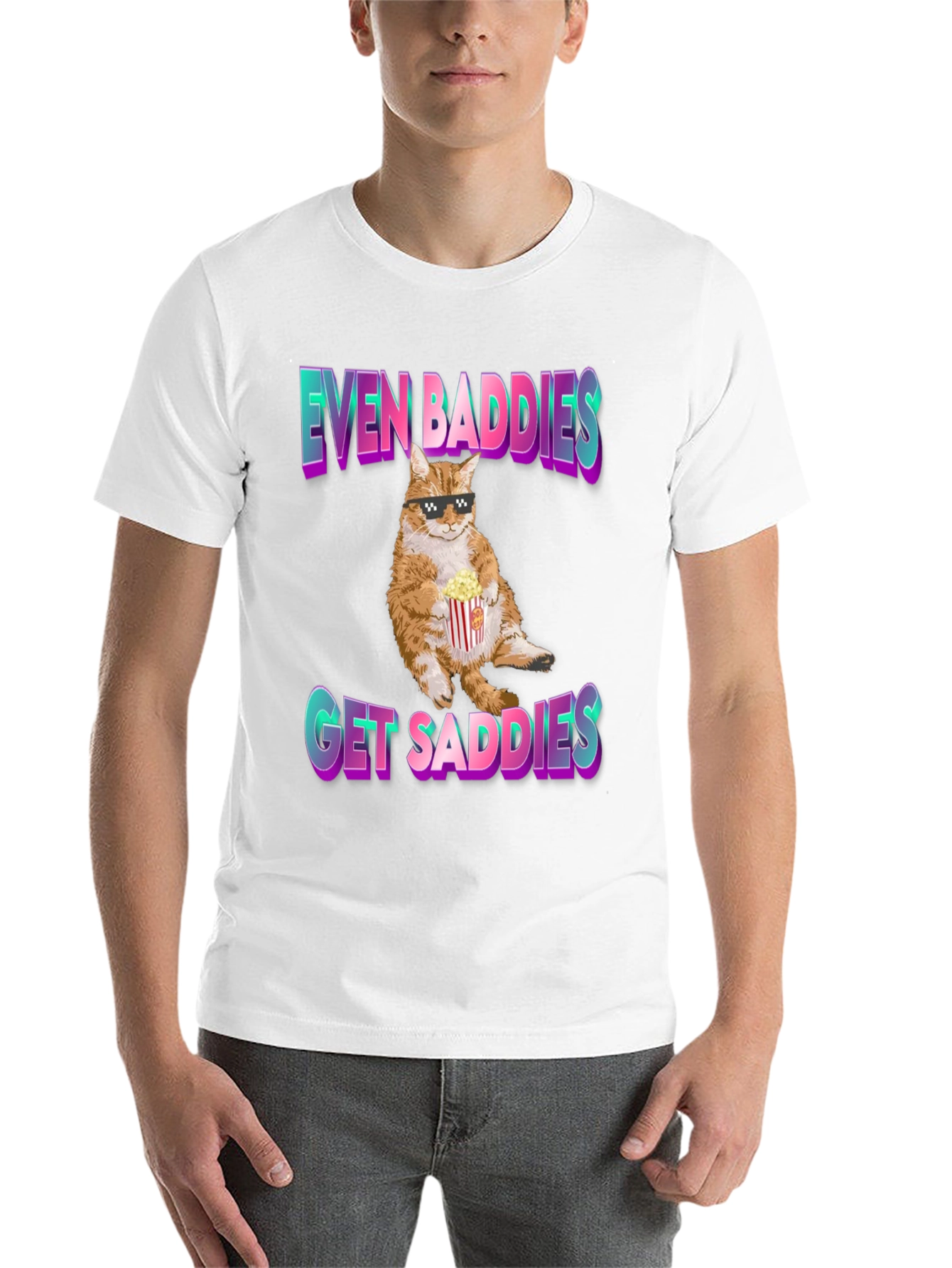 Black Even Baddies Get Saddies T-Shirt - Cat with Popcorn view 14