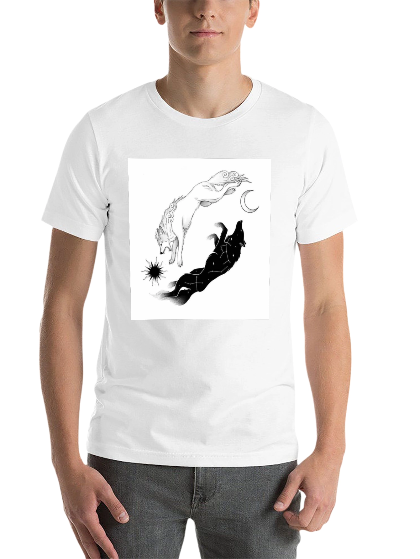 Black Yin Yang Wolf Graphic T-Shirt - Celestial Design view 14