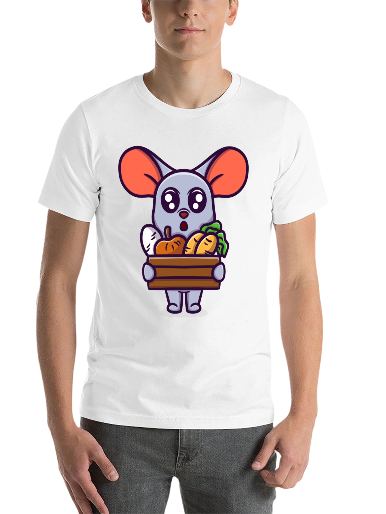 Black Cute Cartoon Mouse with Veggies T-Shirt view 14