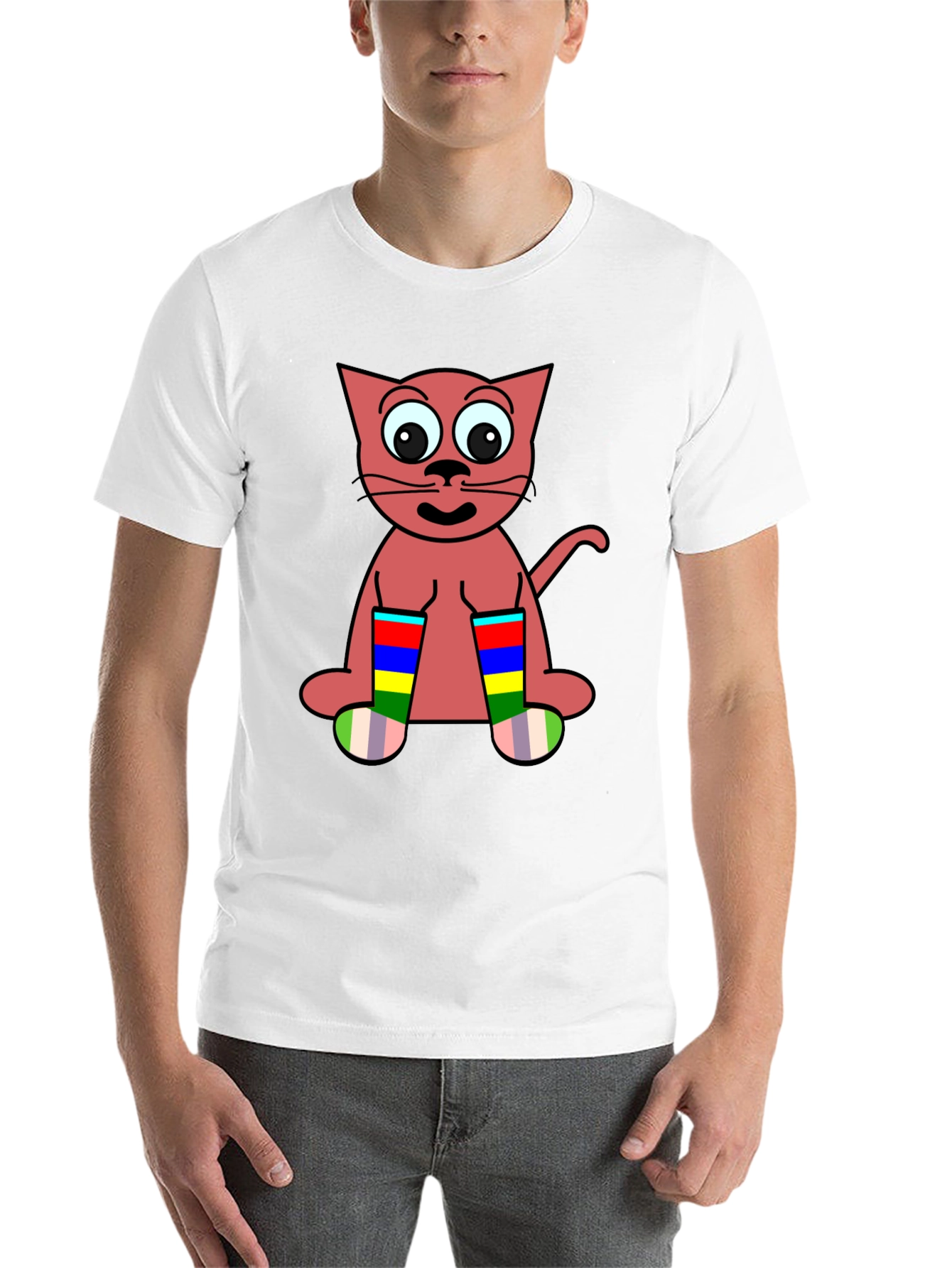 Black Cartoon Cat Rainbow Socks Black T-Shirt view 14