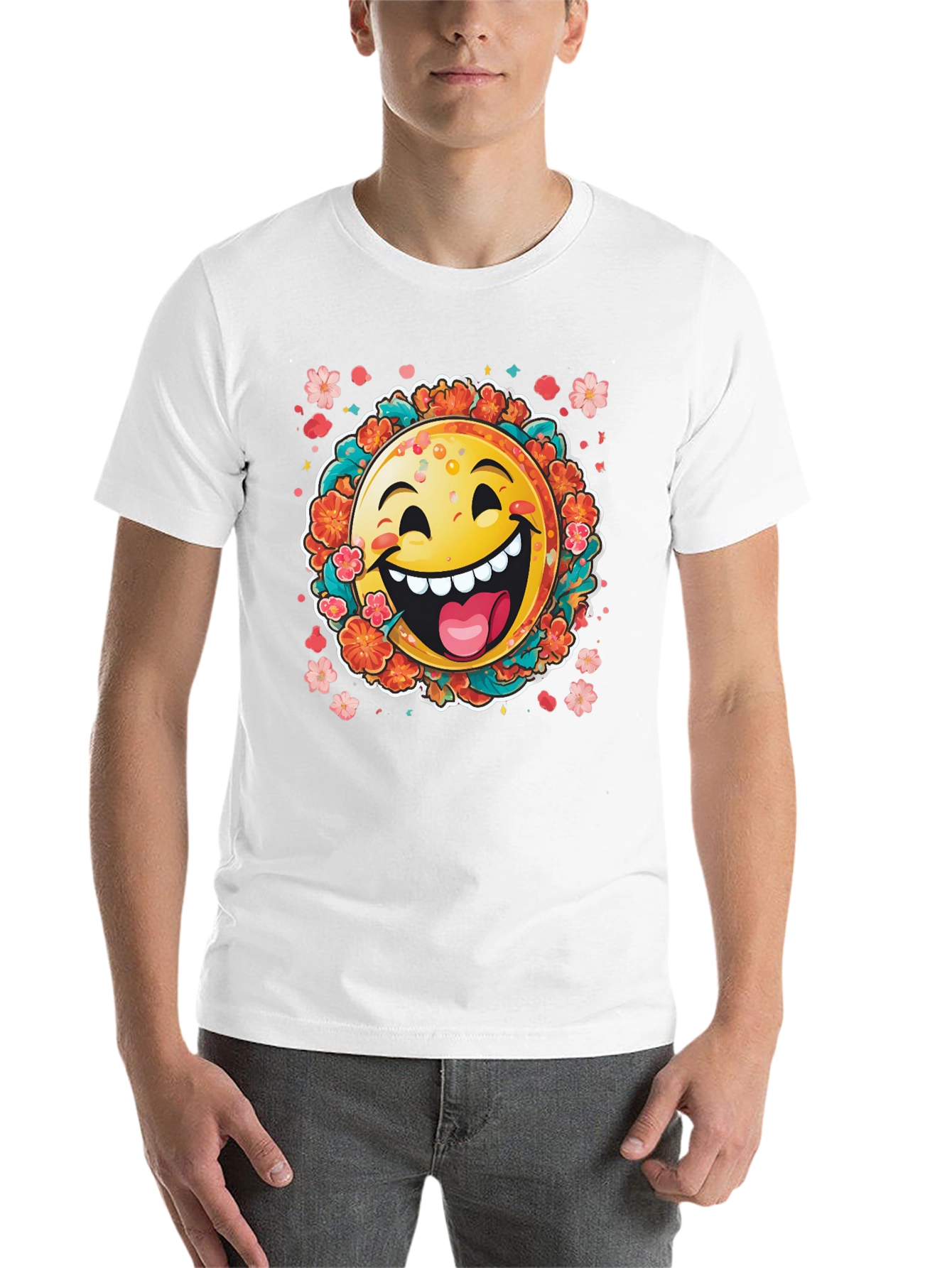 Black Happy Emoji Graphic T-Shirt - Fun Floral Design view 14