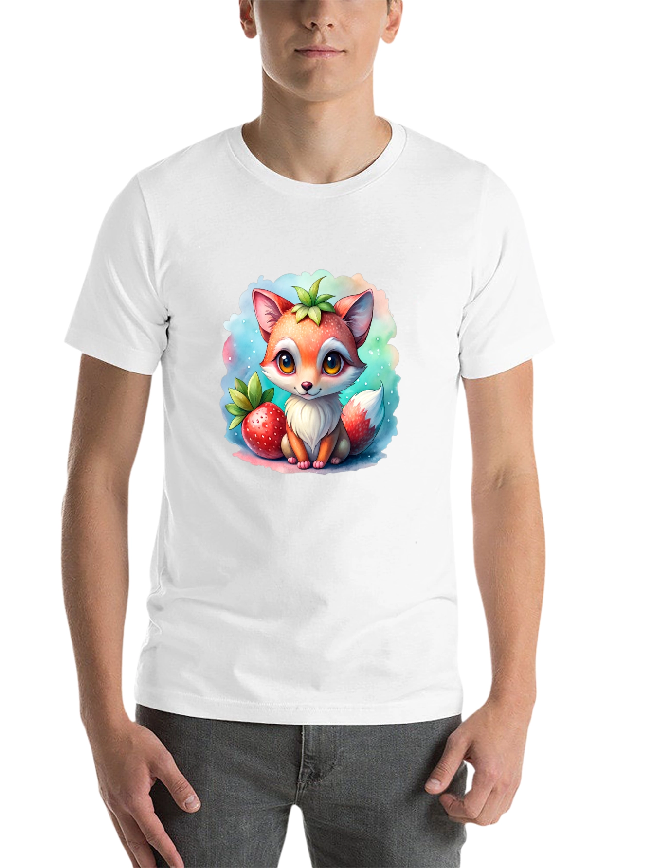Black Cute Cartoon Fox Strawberry T-Shirt view 14
