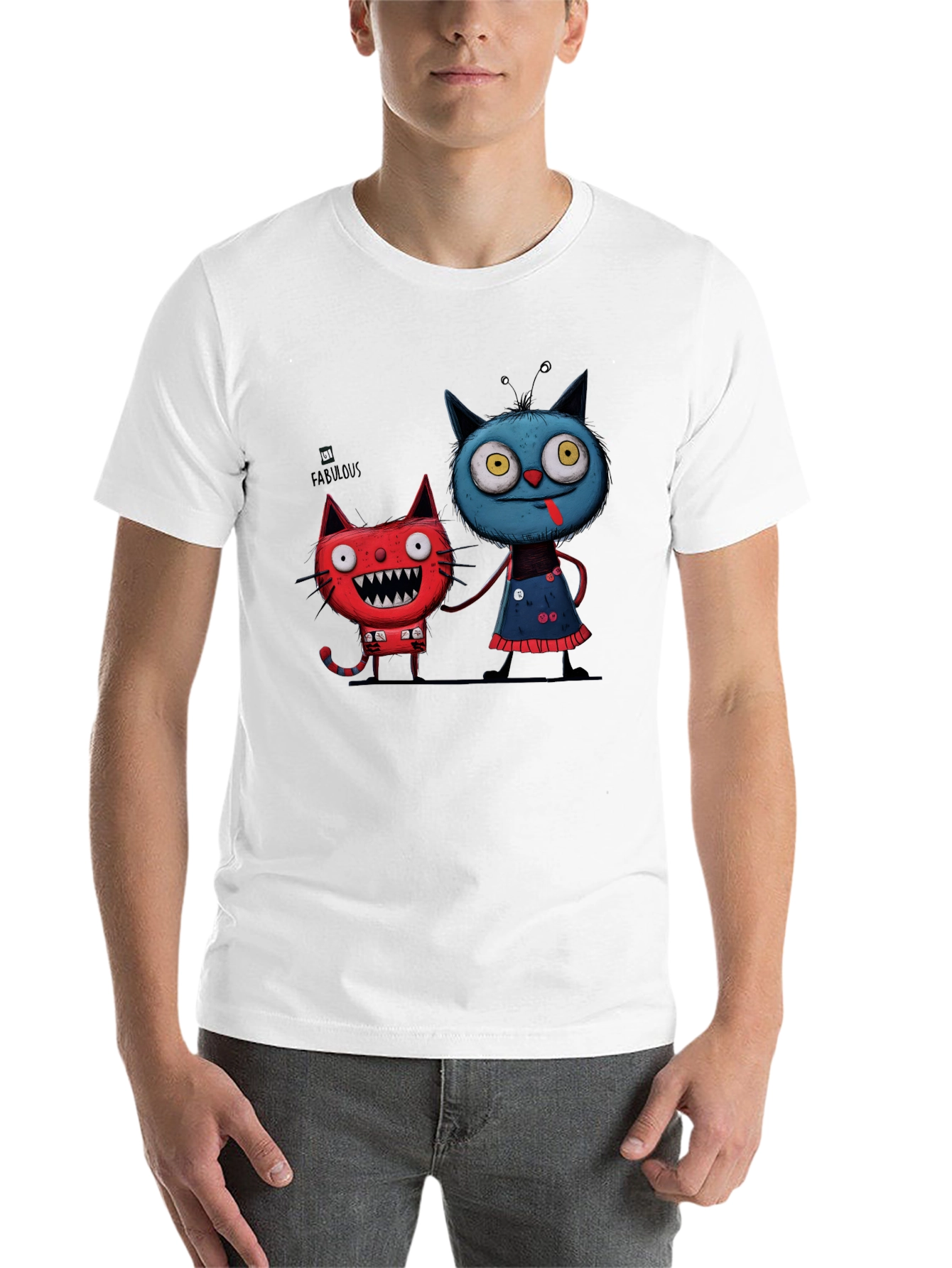 Black Cartoon Cat Graphic Tee - Whimsical Black T-Shirt view 14