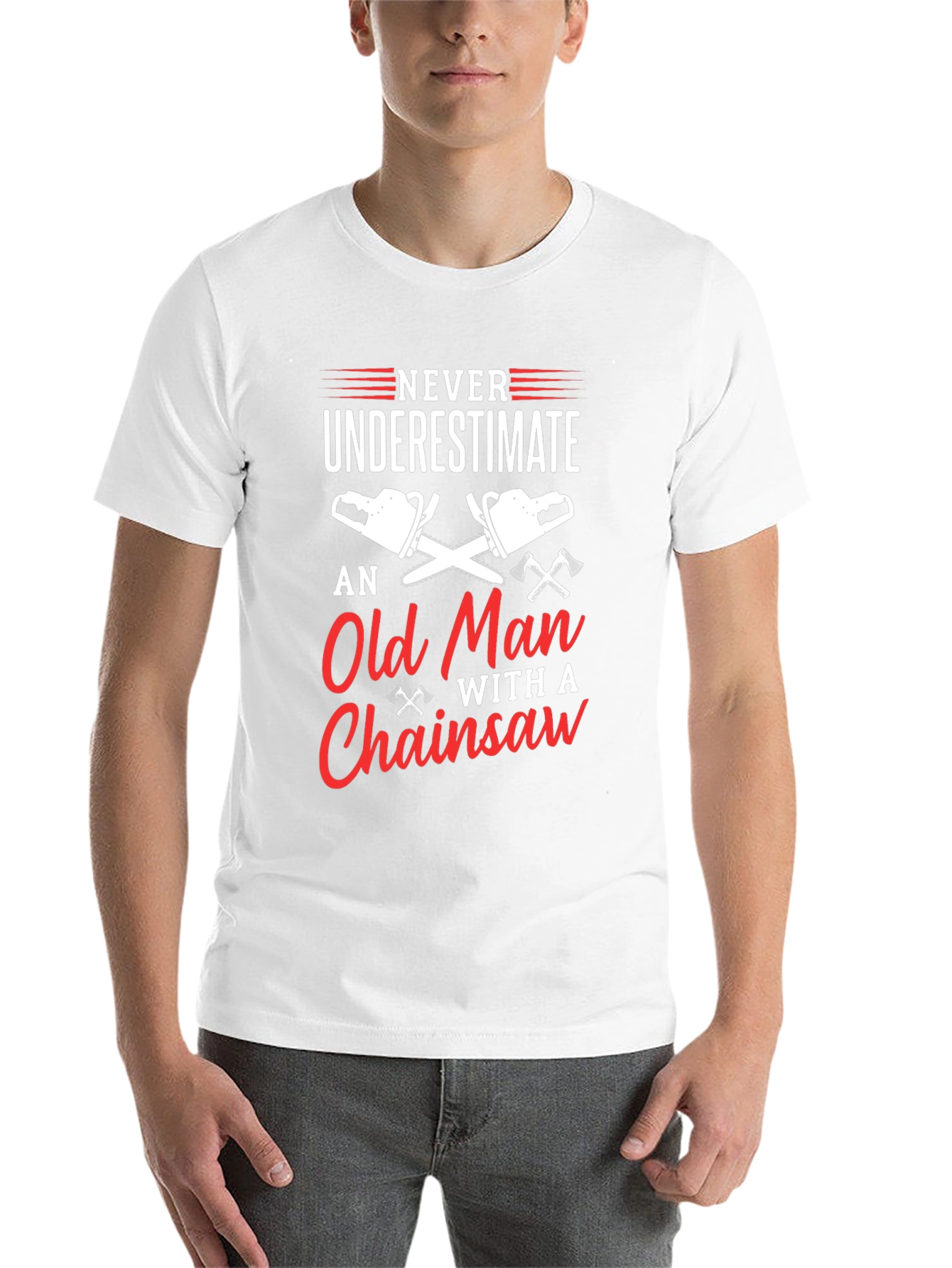 Black Never Underestimate Old Man Chainsaw T-Shirt view 14