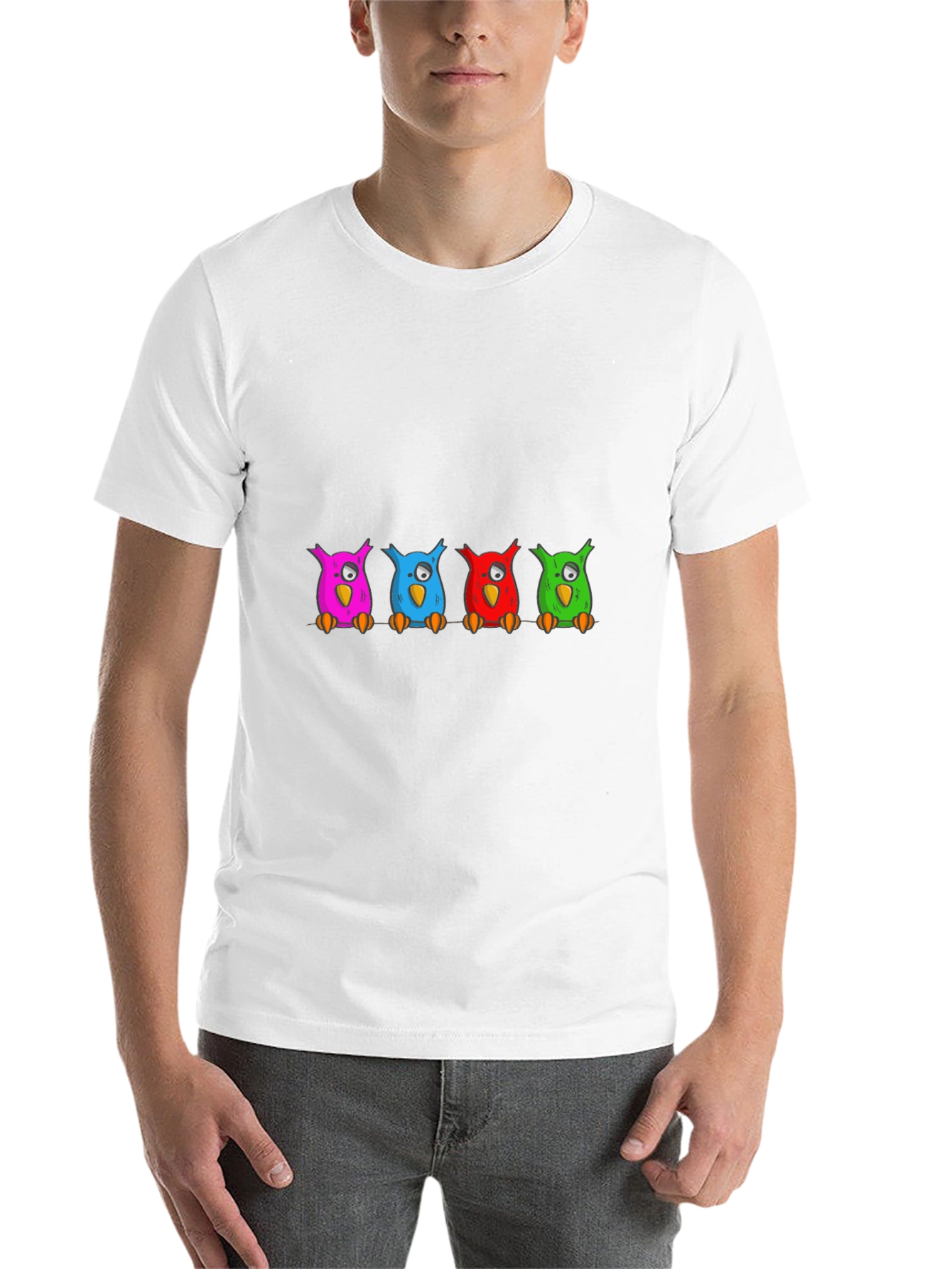 Black Colorful Cartoon Owls on a Branch T-Shirt view 14
