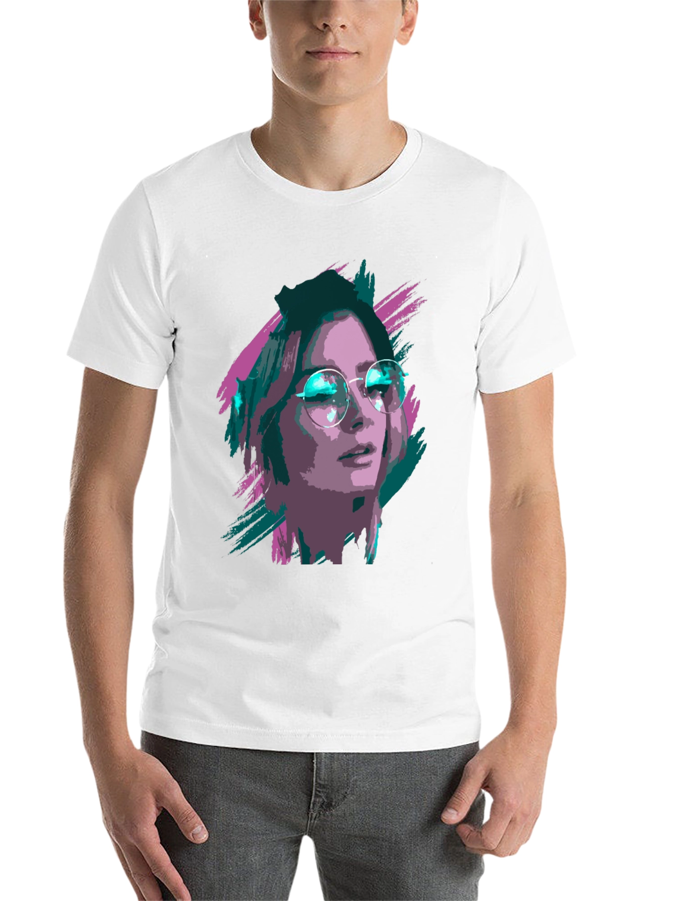 Black Stylish Graphic T-Shirt - Woman with Glasses Print view 14