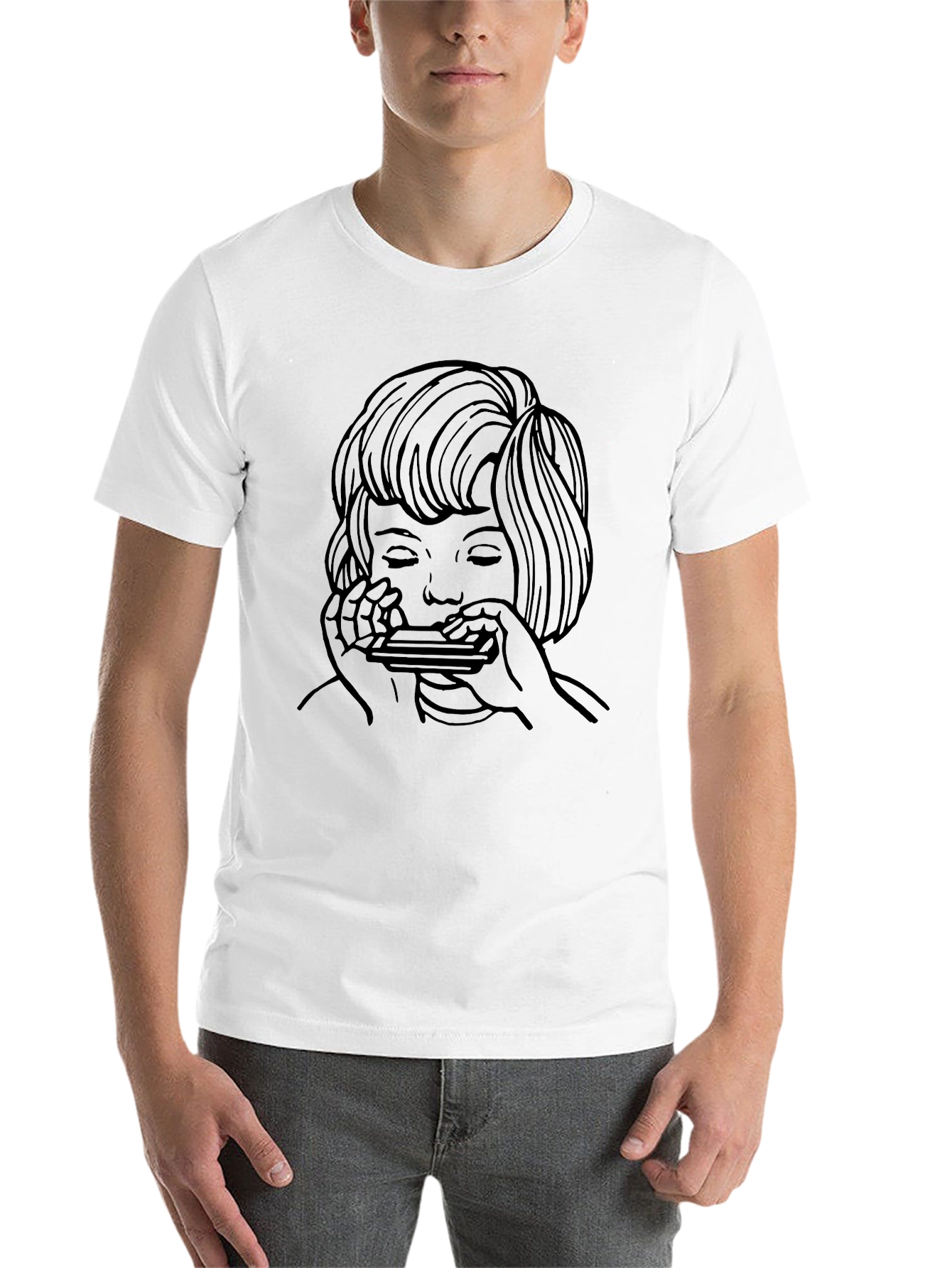 Black Harmonica Player Graphic Tee - Unisex Black T-Shirt view 14