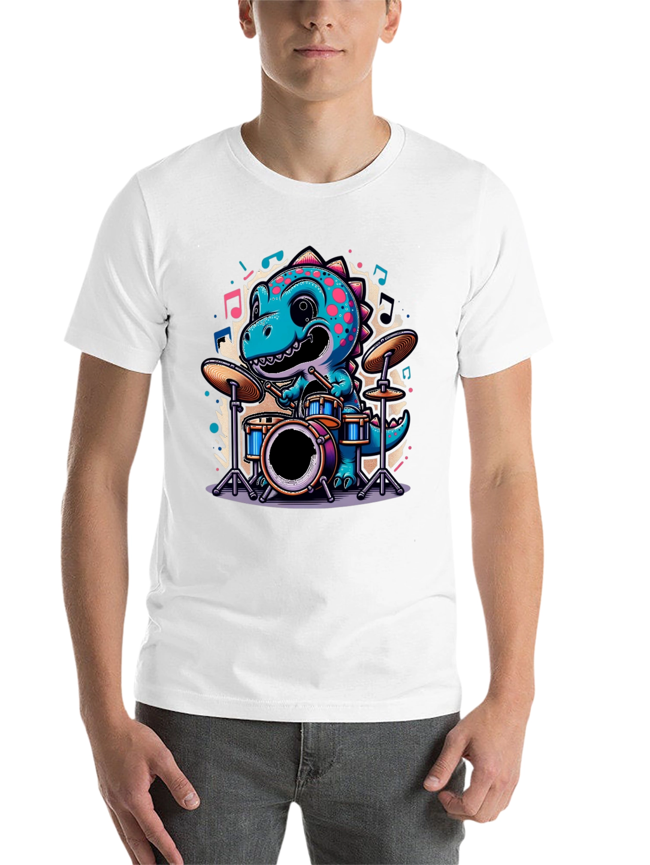 Black Dino Drummer Tee - Cute Cartoon Dinosaur T-Shirt view 14