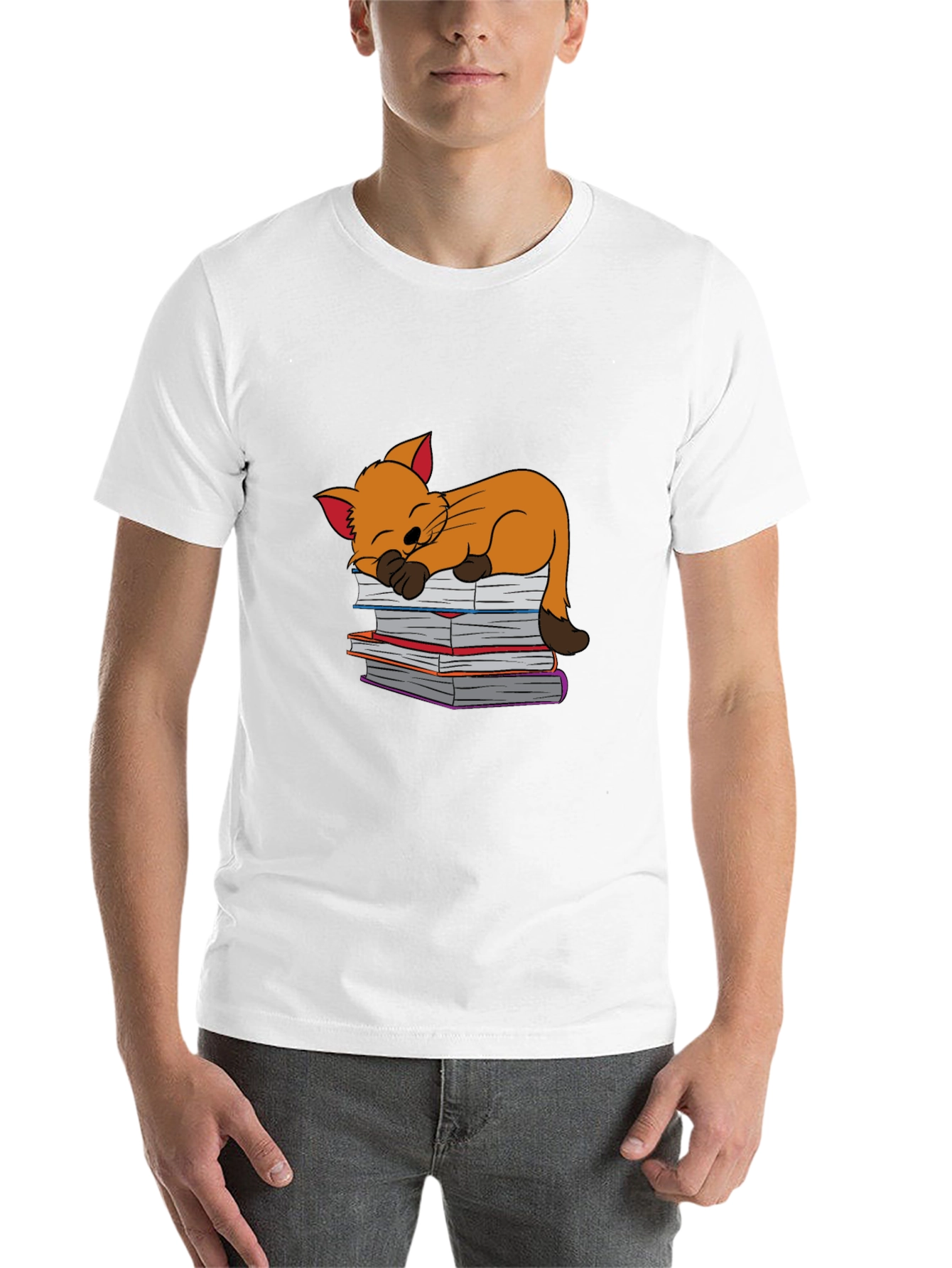 Black Cute Cat Sleeping on Books T-Shirt - Black view 14
