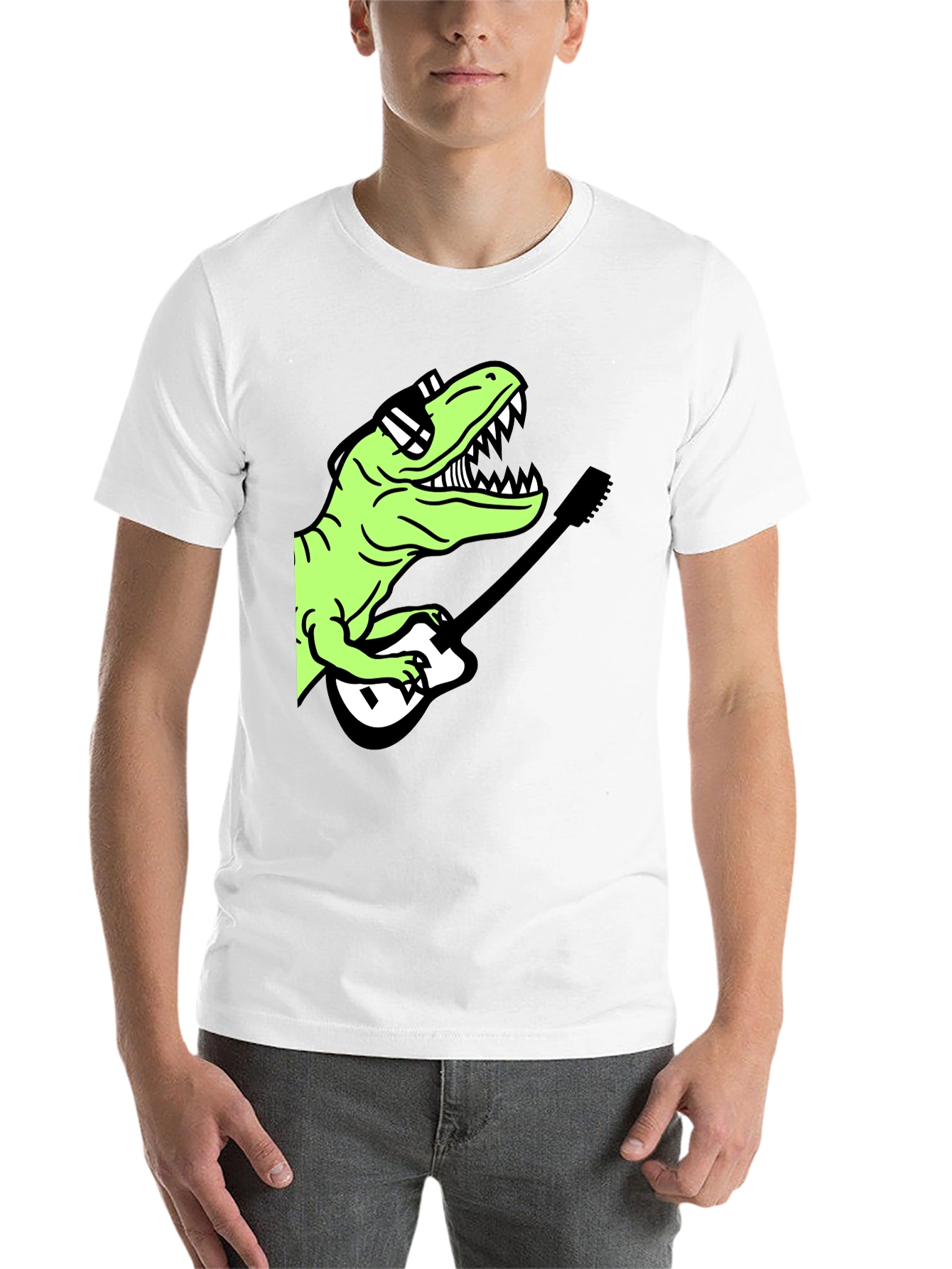 Black Cool Dinosaur Guitar Player Graphic T-Shirt view 14