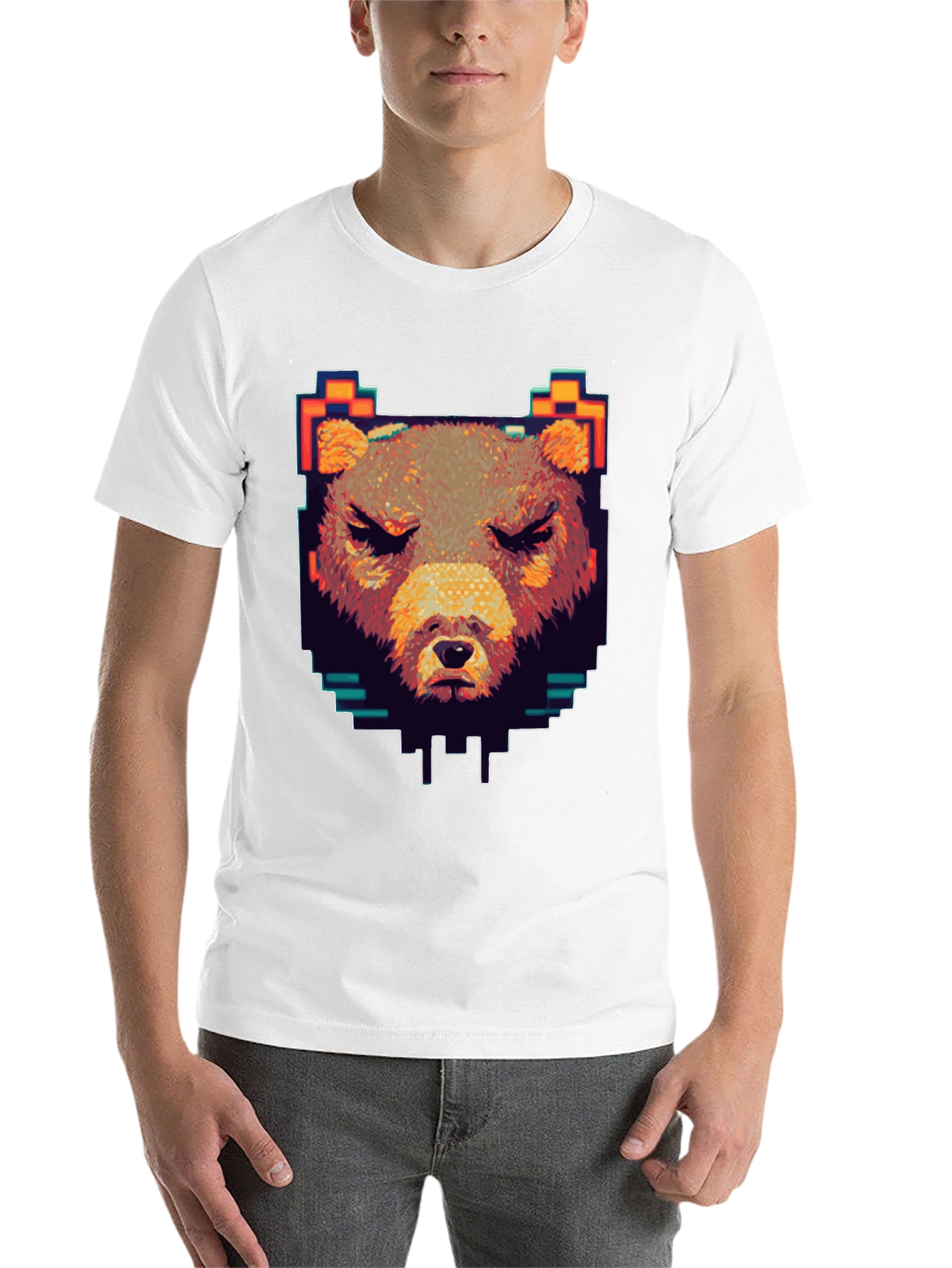 Black Pixel Bear Graphic T-Shirt - Black Crew Neck view 14