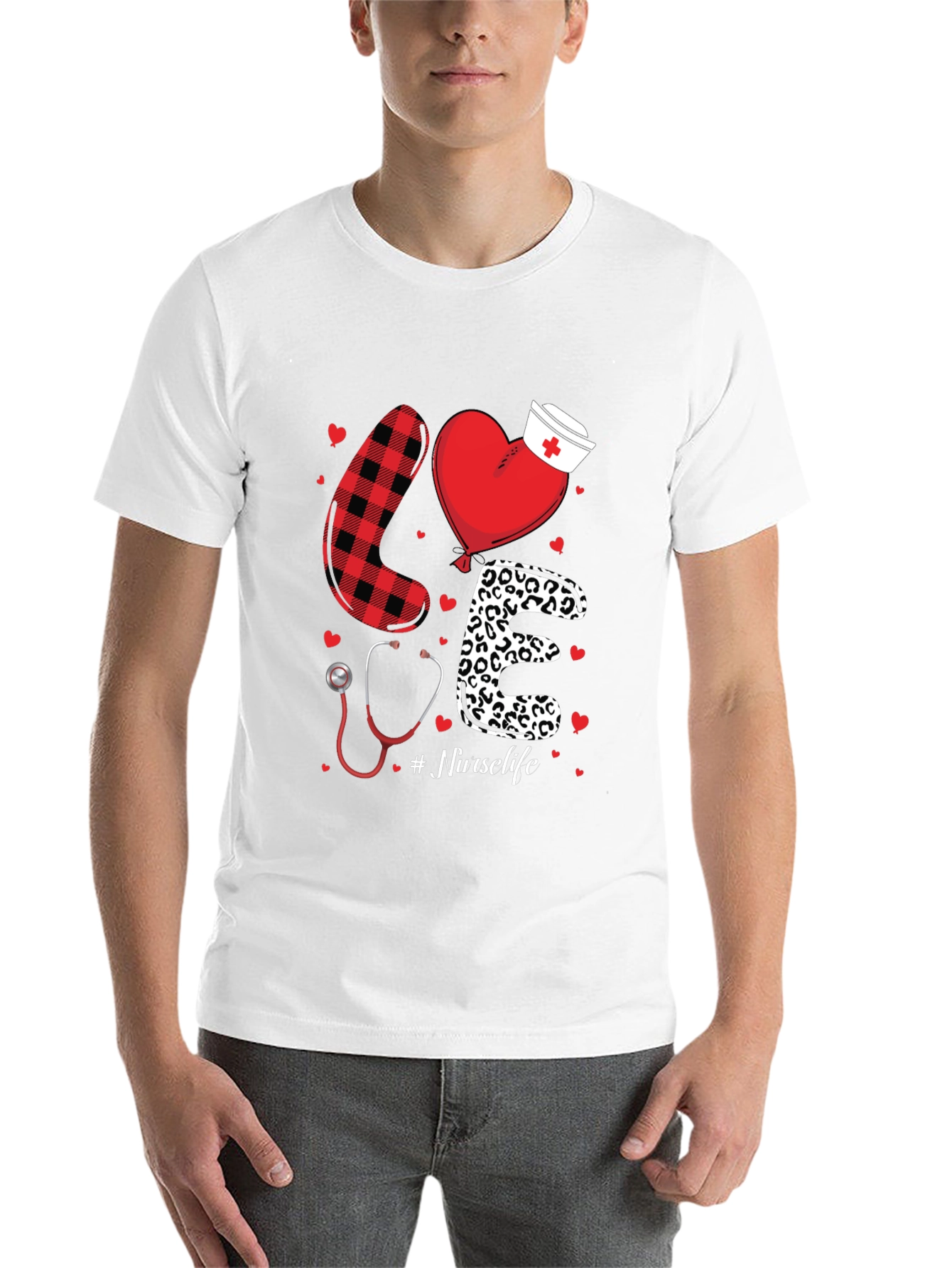 Black Nurse Life Love Graphic T-Shirt - Heart, Stethoscope, Pattern Design view 14