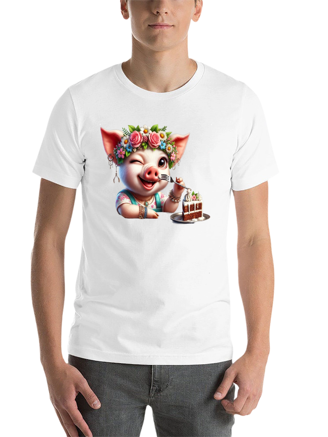 Black Pig with Flowers & Cake T-Shirt - Unisex view 14