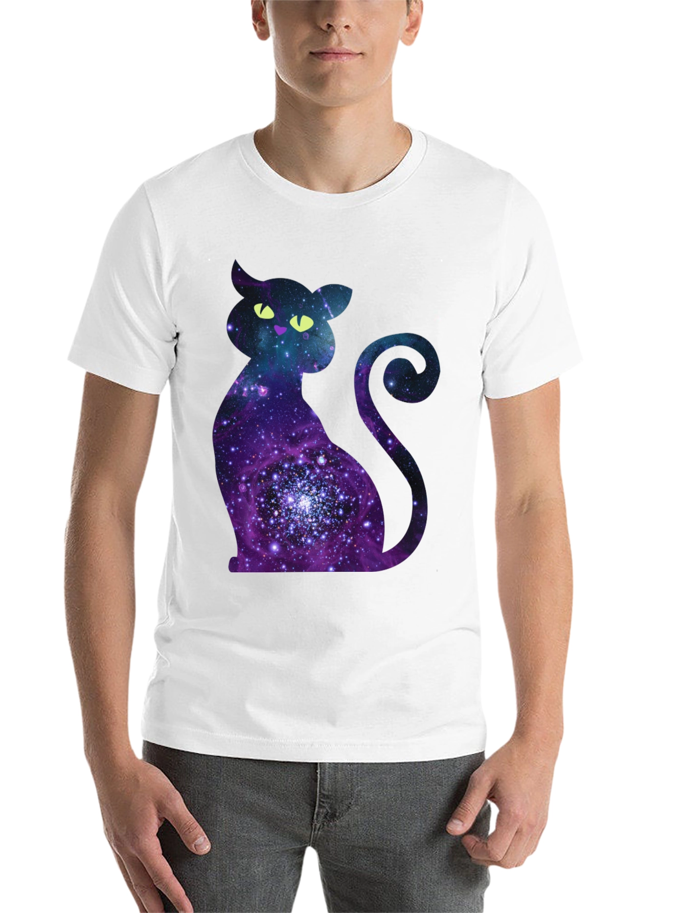 Black Galaxy Cat Graphic Print Crew Neck T-Shirt view 14