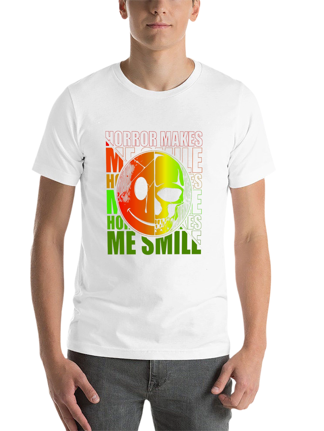 Black Horror Makes Me Smile T-Shirt - Half Smile, Half Skull view 14