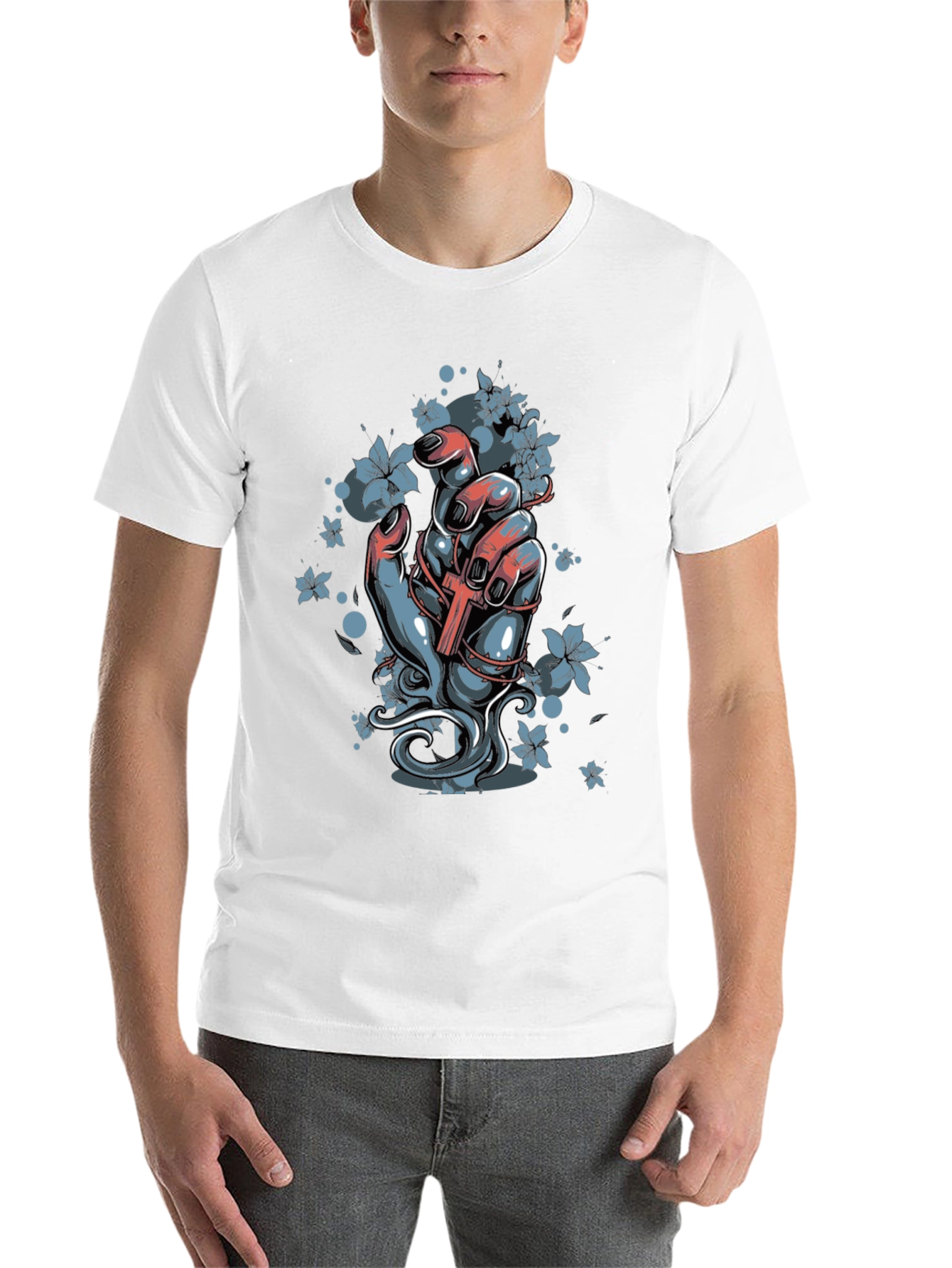 Floral Cross Graphic Black T-Shirt - 14