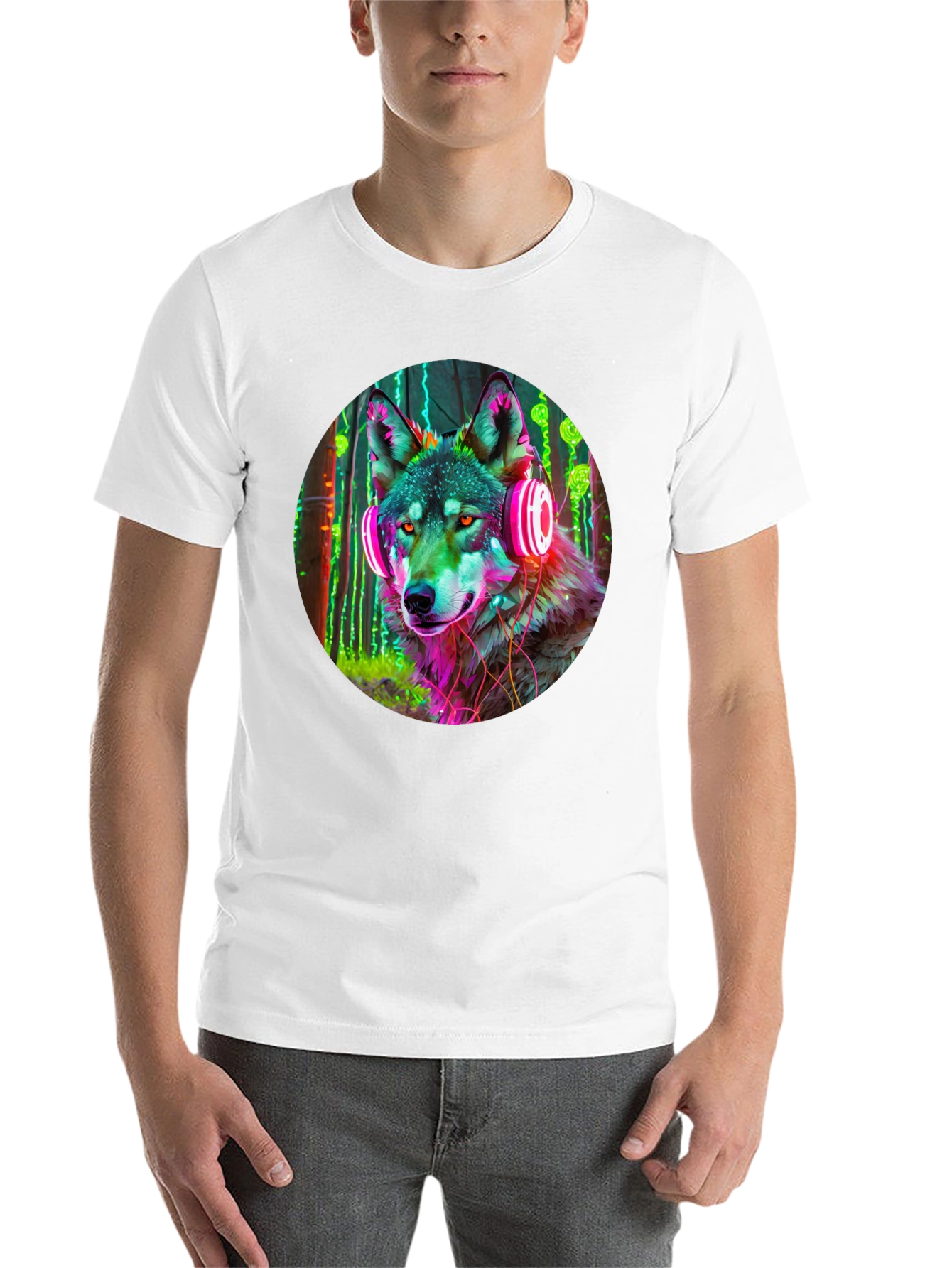 Black Neon Wolf Headphones Graphic Tee view 14
