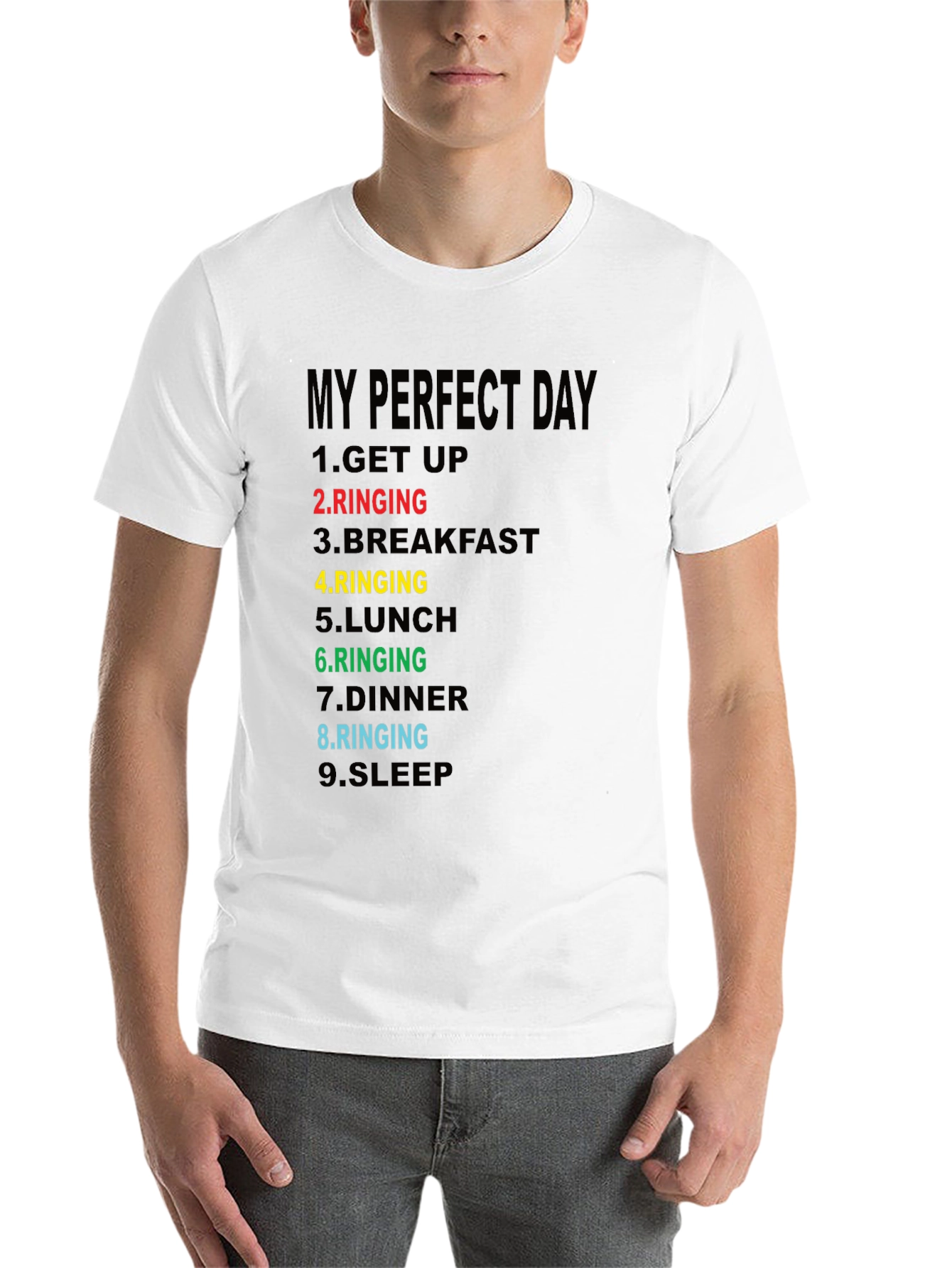 Black My Perfect Day Ringing T-Shirt - Funny Novelty Tee view 14