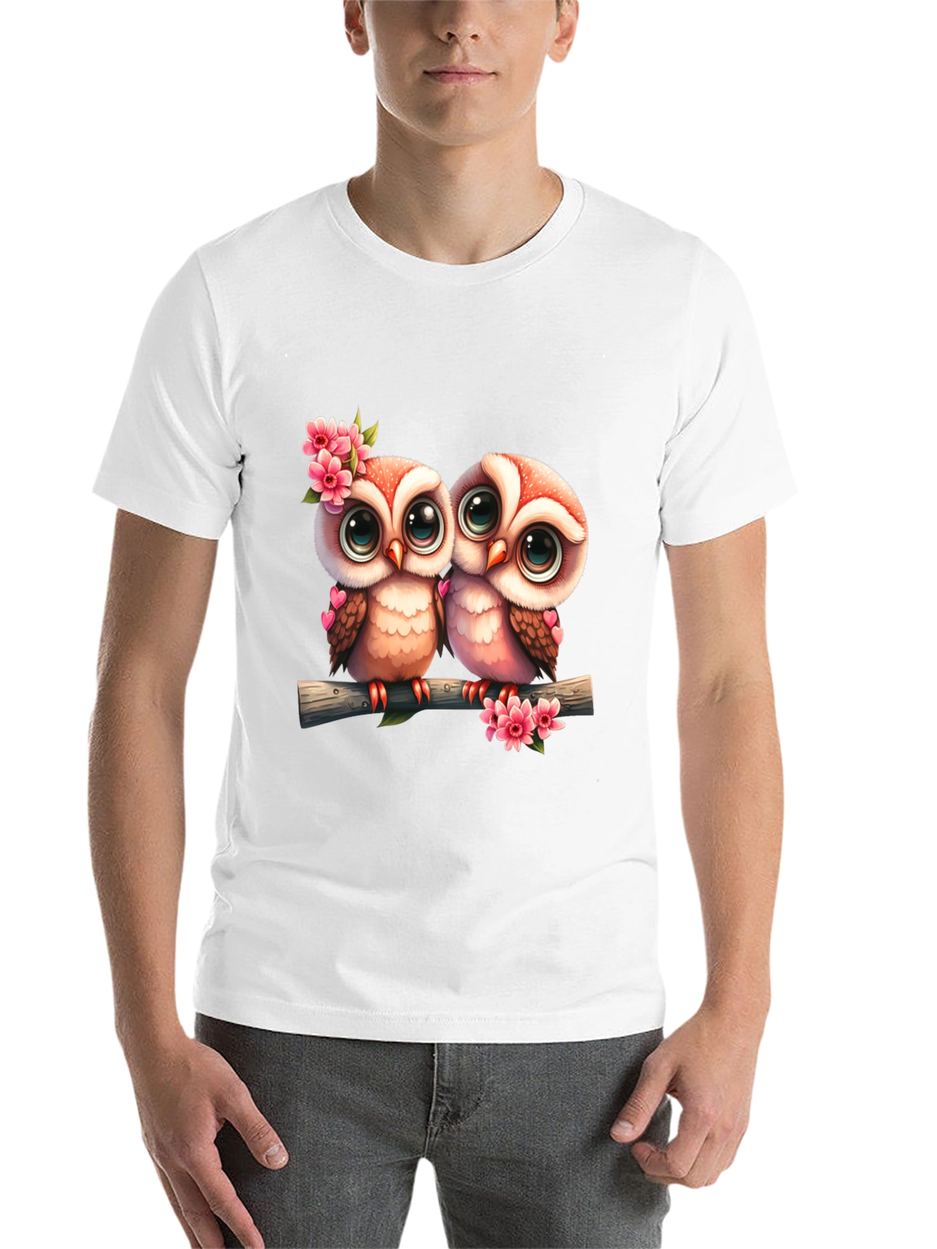 Black Owl Love Tee: Cute Cartoon Owls on Branch T-Shirt view 14