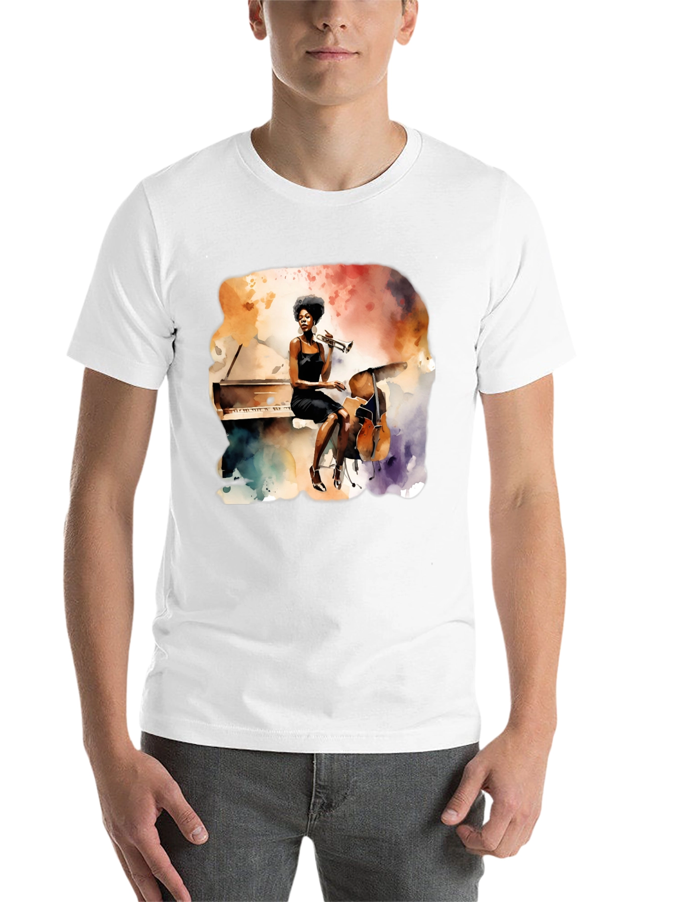 Black Watercolor Jazz Musician Unisex Tee view 14
