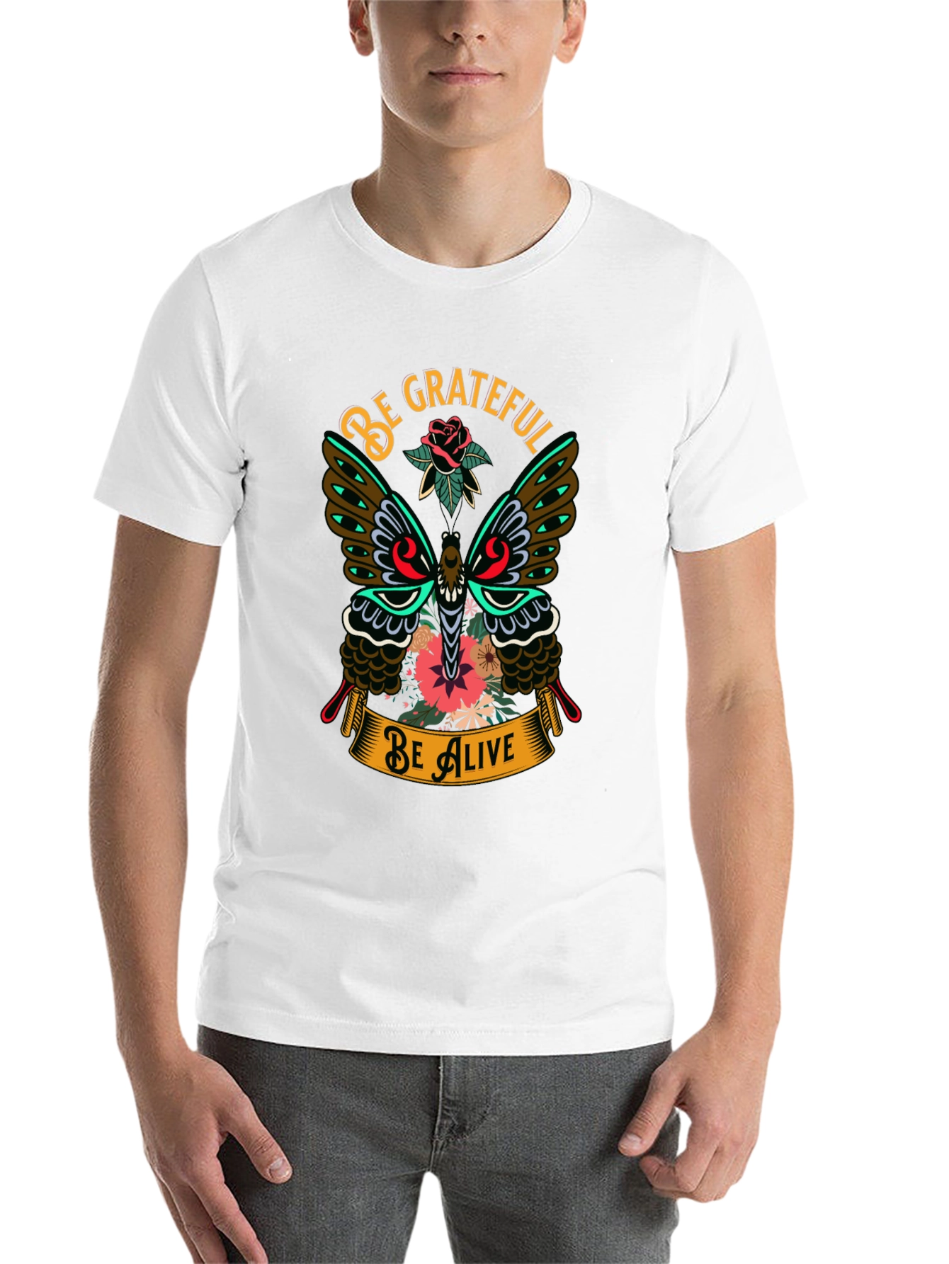 Black Be Grateful Be Alive Butterfly Graphic T-Shirt view 14