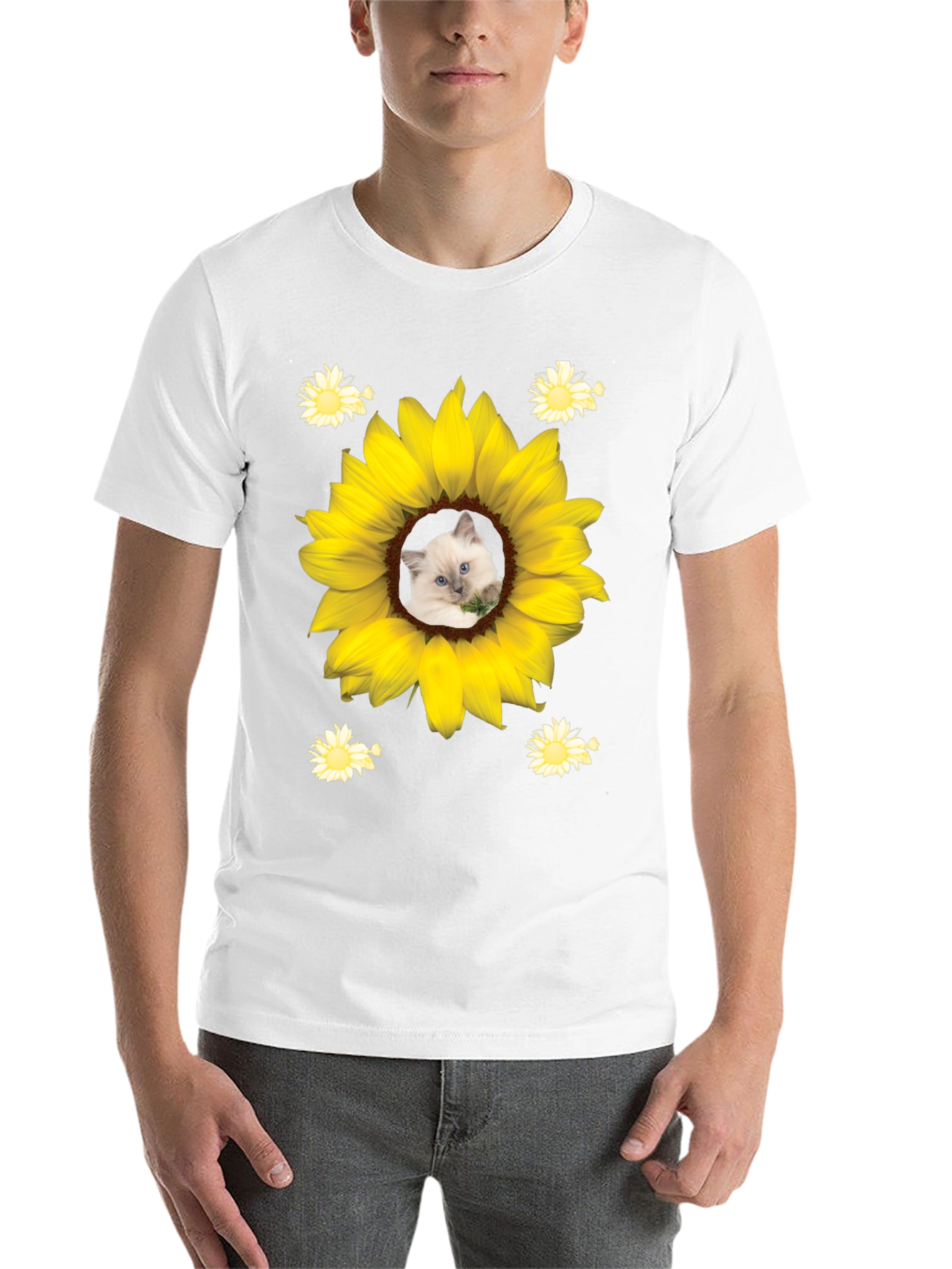 Black Sunflower Cat T-Shirt - Unique Graphic Tee view 14