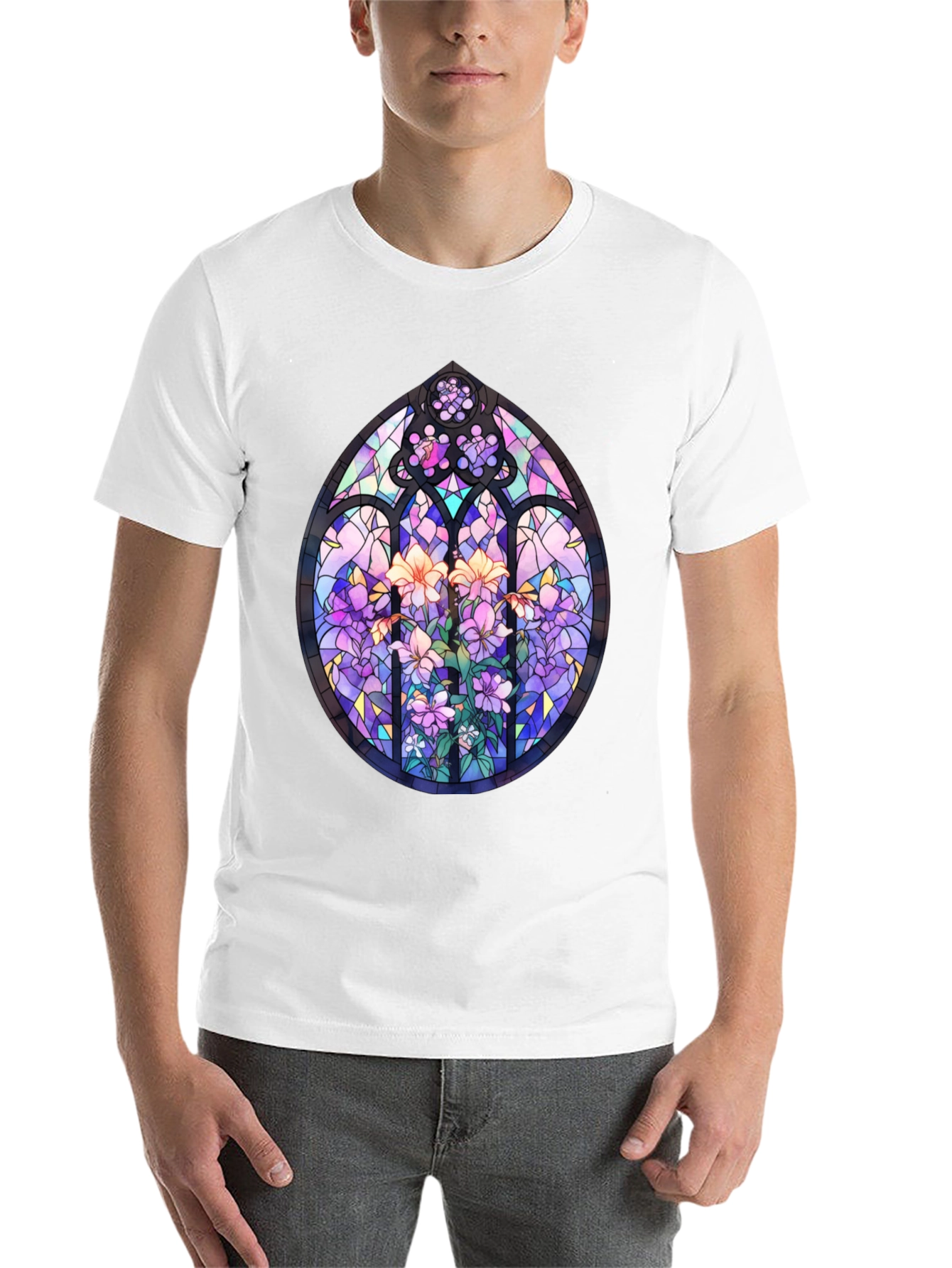 Black Stained Glass Floral T-Shirt - Artistic Men's Tee view 14