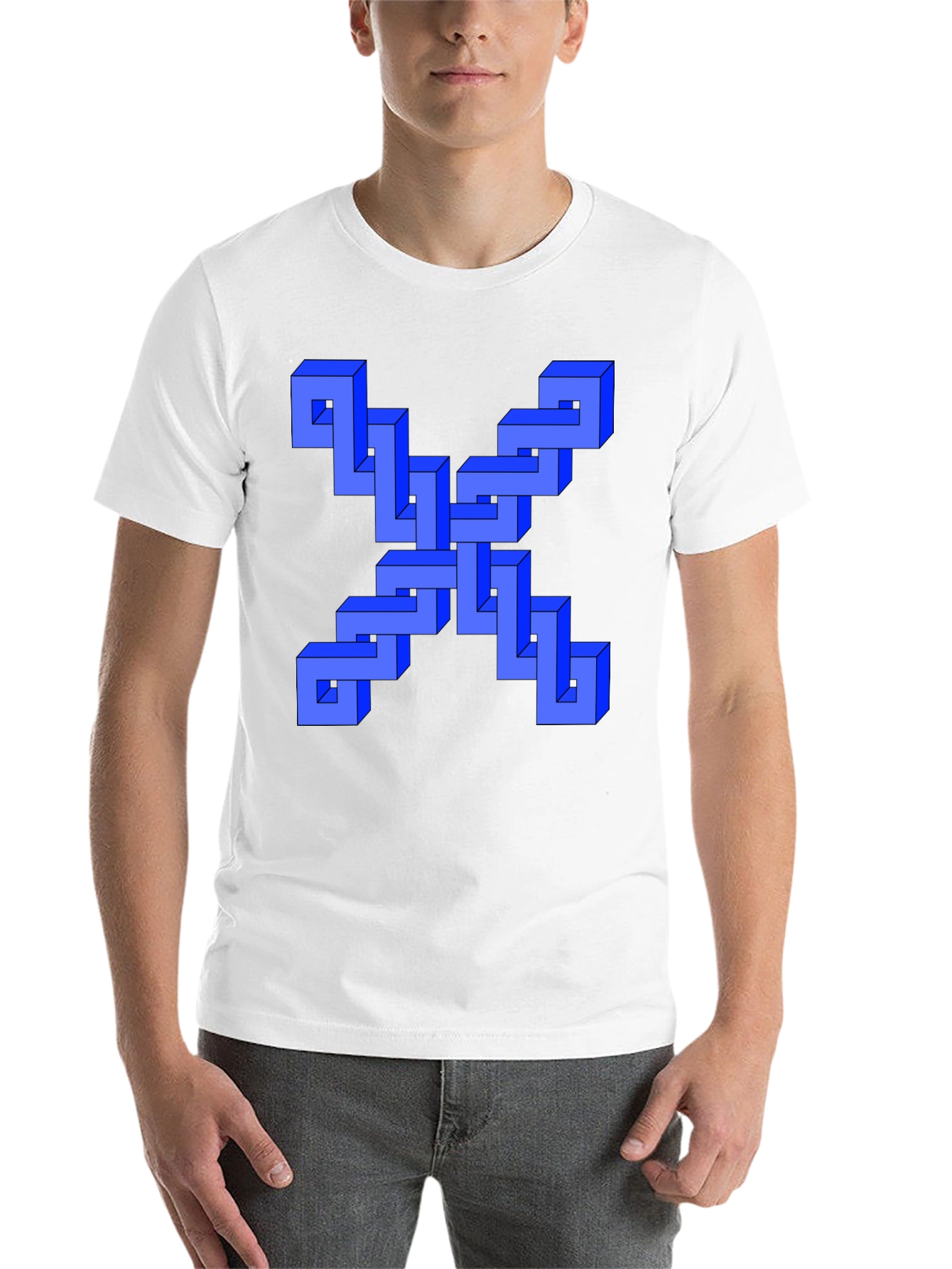 Black Optical Illusion Blue Cube Design Black T-Shirt view 14