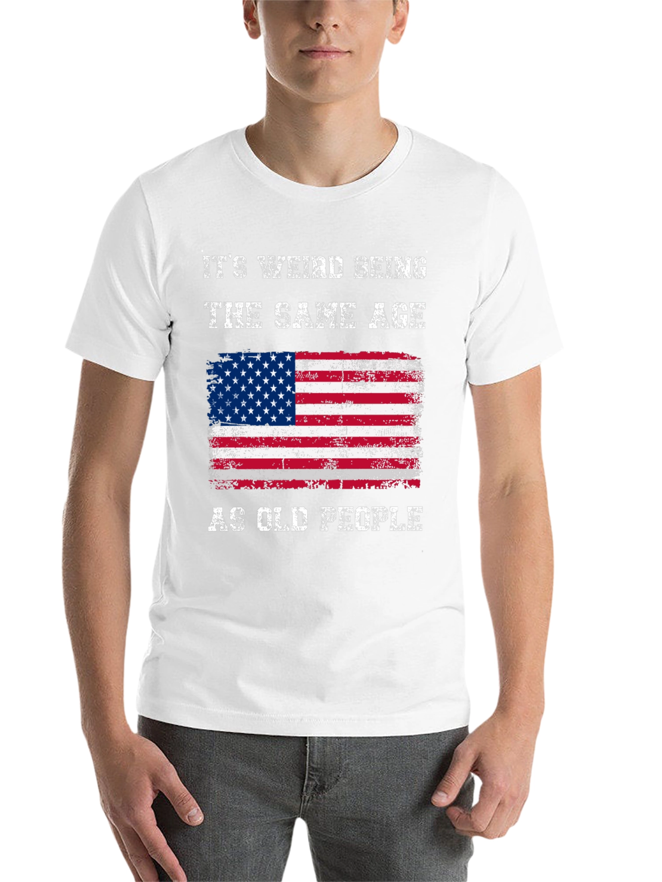 Black Funny American Flag T-Shirt: It's Weird Being The Same Age As Old People view 14