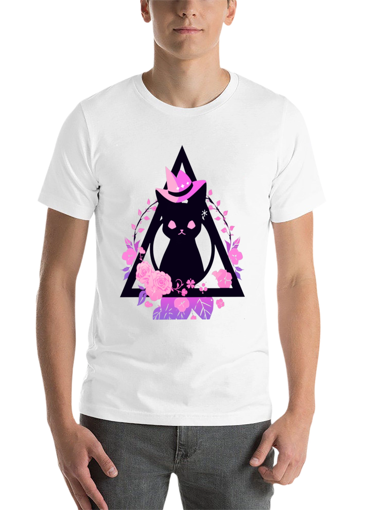 Black Witch Cat Graphic Tee - Floral Triangle Design view 14