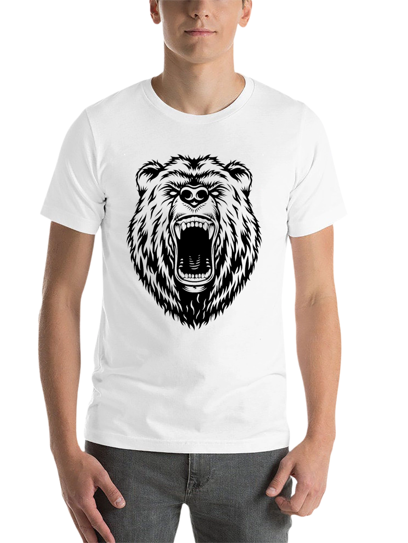 Black Men's Black T-Shirt with Roaring Bear Graphic view 14