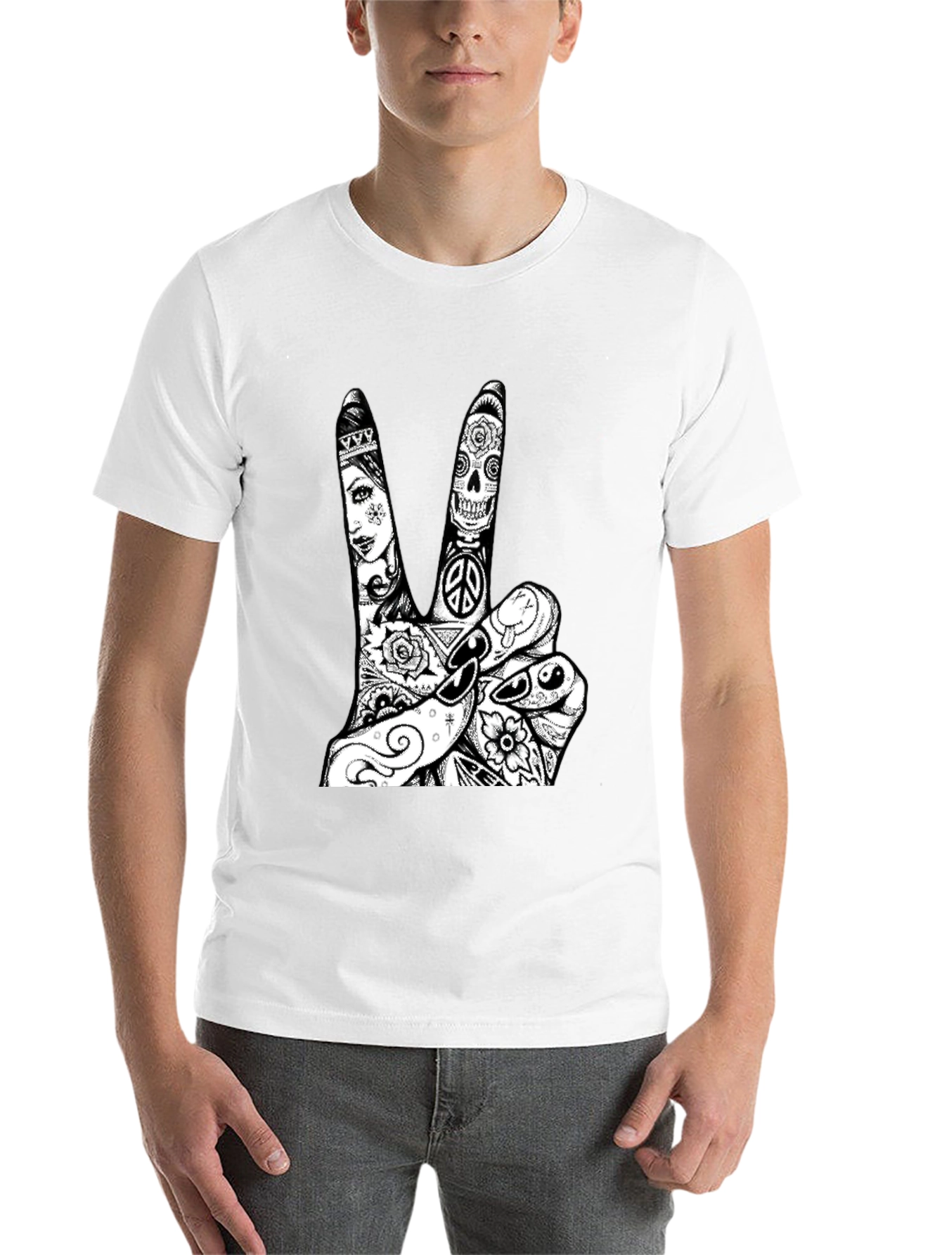 Black Peace Sign Tattoo Graphic Tee - Black Cotton T-Shirt view 14